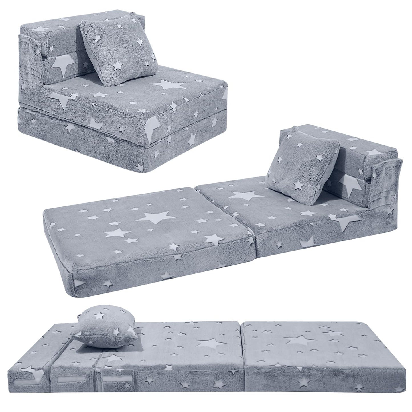 MeMoreCool Kids Tri-Fold Sofa Bed – Glow Star Floor Mattress & Foldable Futon Chair Convertible Toddler Couch | Soft Plush Lounge Mat | Playroom Furniture | Includes Pillow