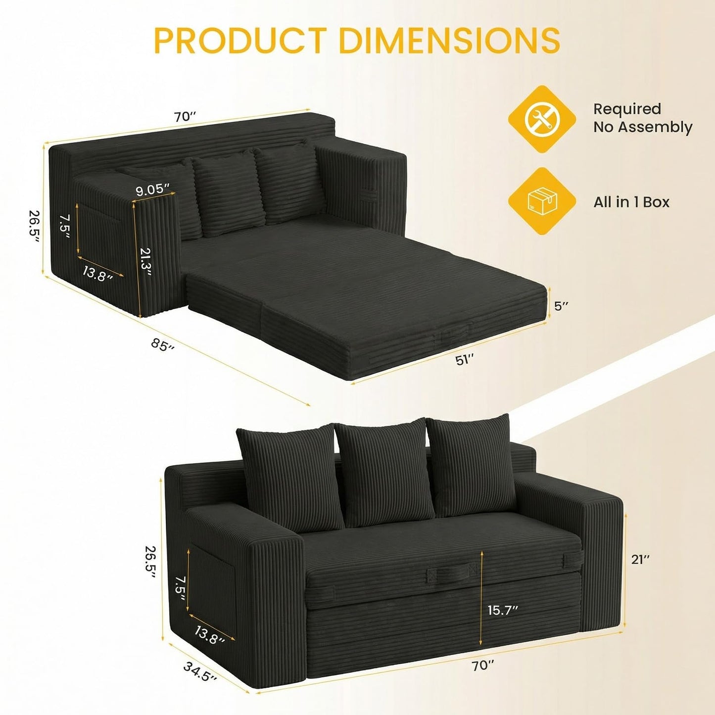 Boneless Couch,3 Seater Boneless Couch Bed – 3-in-1 Convertible Sleeper Sofa with Side Pockets & Handle,Pull Out Corduroy Futon for Small Space,Living Room & Bedroom,3 Pillows Included,No Assembly