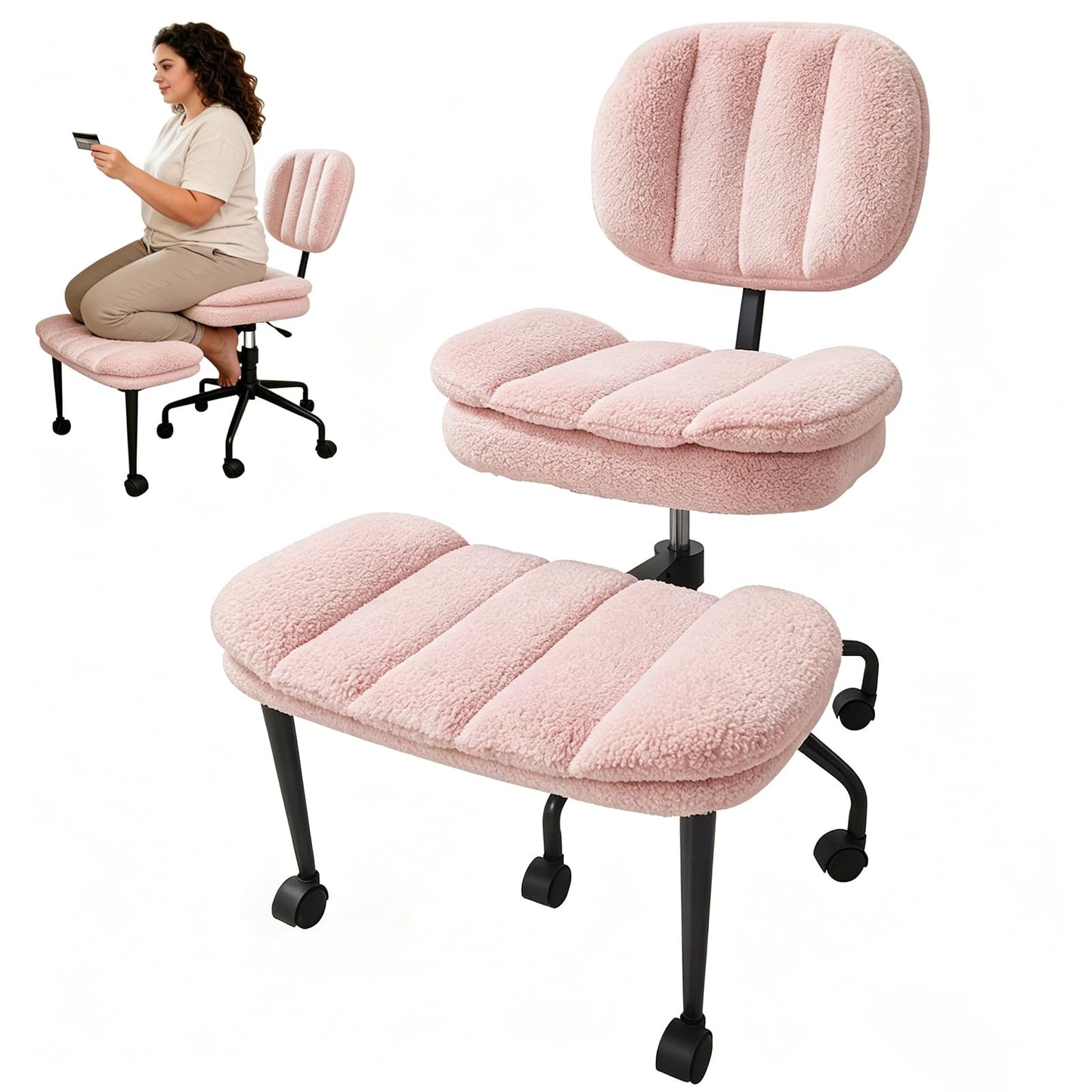 Criss Cross Chair with Footrest, 360° Swivel Faux Shearling Office Chair, Extra Wide Seat with Sofa-Like Comfort, Ergonomic Cross Legged Desk Chair for Cozy Reading, Meditation (Pink)