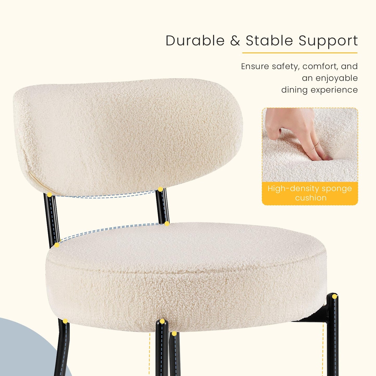 DUMOS Dining Chairs Set of 4, Mid Century Modern Chair Round Upholstered Curved Backrest, Kitchen Vanity Living Room Chairs with Black Metal Legs，Light Beige