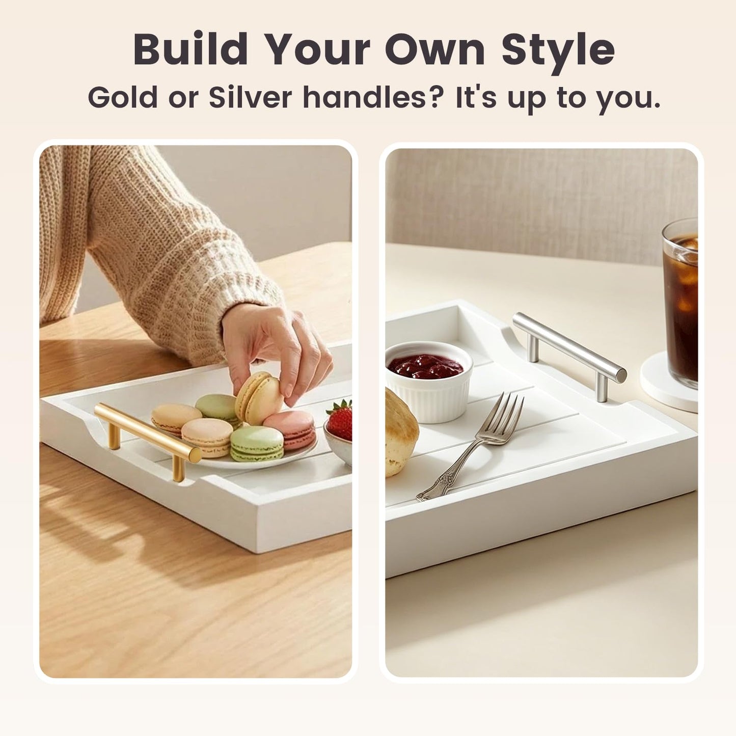 ComfyTune Wood Serving Tray with Metal Handles, 17x13in Large Wooden Tray for Ottoman, Coffee Table, Breakfast, Dinner & Bar, Decorative Tray for Living Room, Bedroom, Bathroom and Kitchen, White