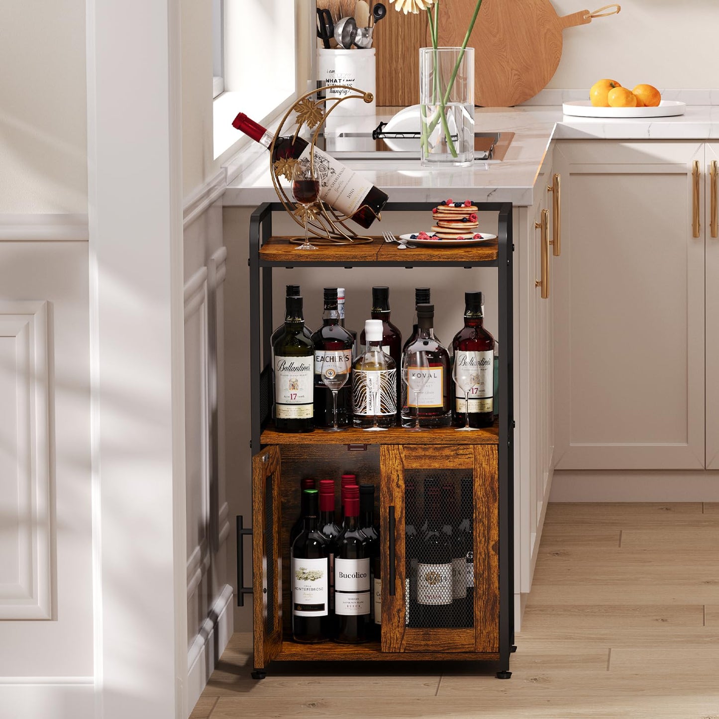 Hencawima Small Coffee Bar Cabinet with Storage, 3-Tier Rolling Coffee Bar Table, Farmhouse Coffee Cart Station with 2 Doors for Living Room, Dining Room, Rustic Brown