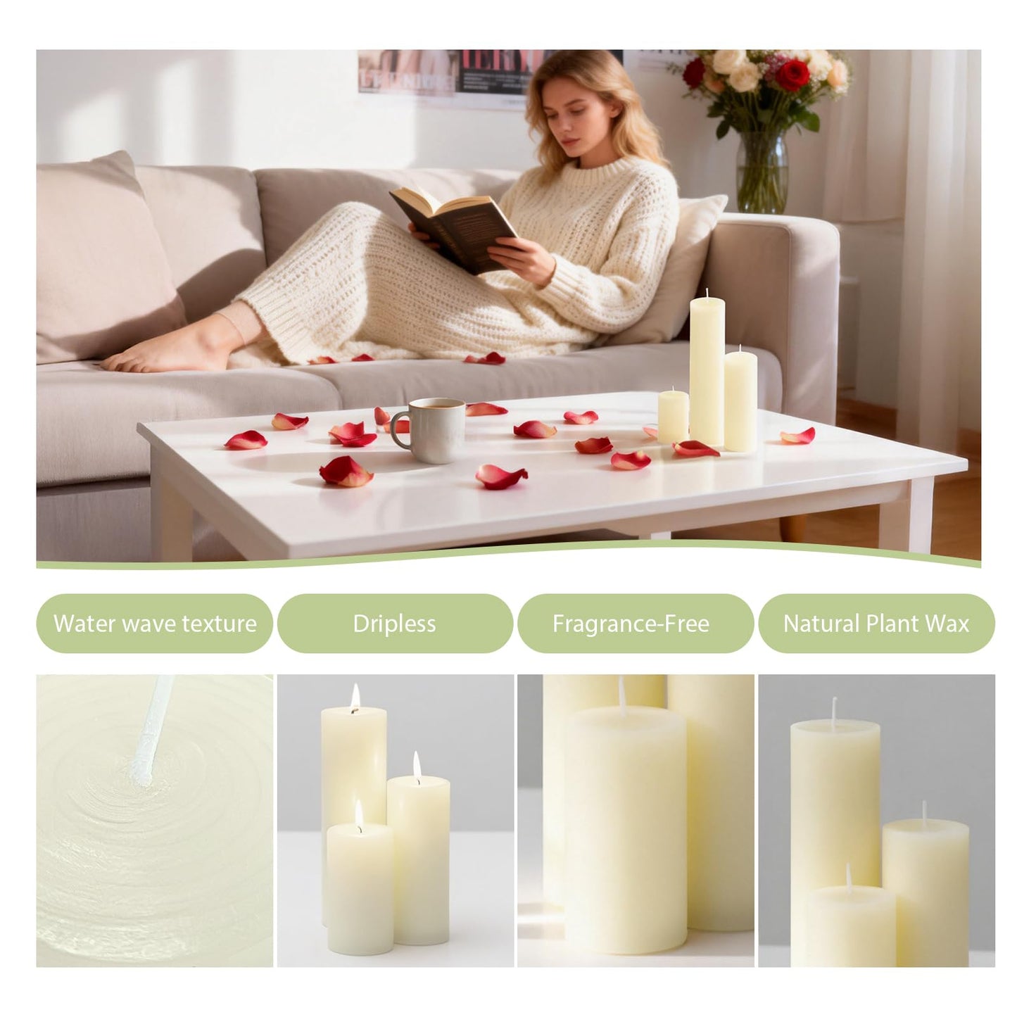 Veiuwa 6 Pack Ivory Pillar Candles Bulk Set, 2x3 2x4 2x6 Inch - 2 Each Size, Dripless Smokeless Clean Burning for Wedding Centerpieces, Home Decor, Church, Romantic Ambiance！