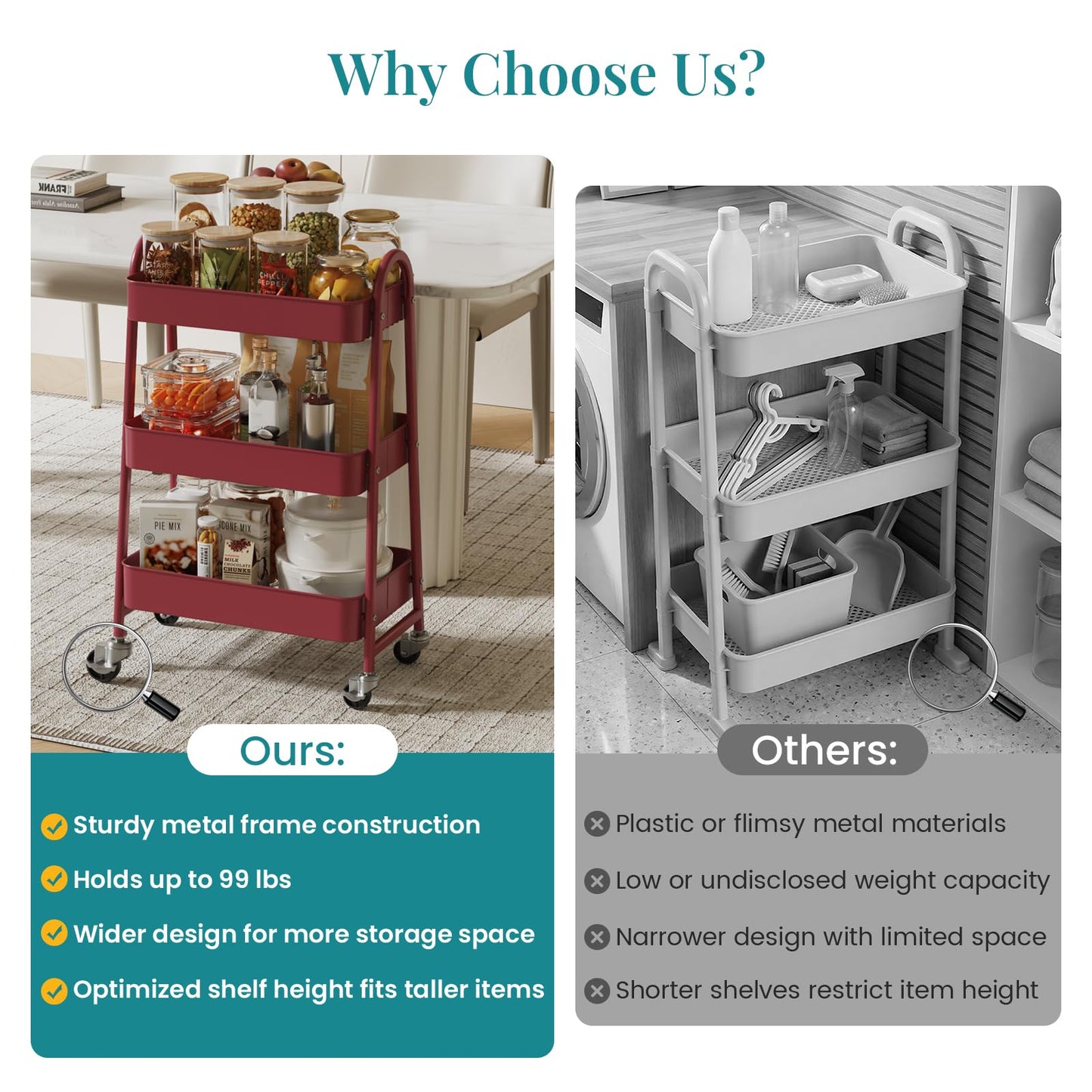 NEWBULIG 3-Tier Metal Rolling Cart with Lockable Wheels, Heavy Duty Mobile Utility Storage Shelf, Roller Book Snack Cart, Organization for Livingroom, Bathroom, Office, Red