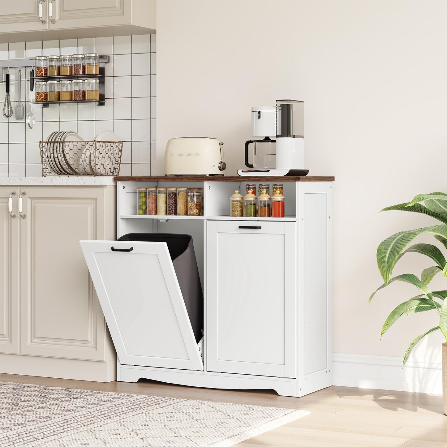 HOOBRO Double Tilt Out Trash Can Cabinet, 20 Gallon Kitchen Trash Bin Cabinet, Hidden Trash Storage with Open Compartments, Hidden Laundry Hamper, for Kitchen, Laundry, White and Walnut WH04LJ01