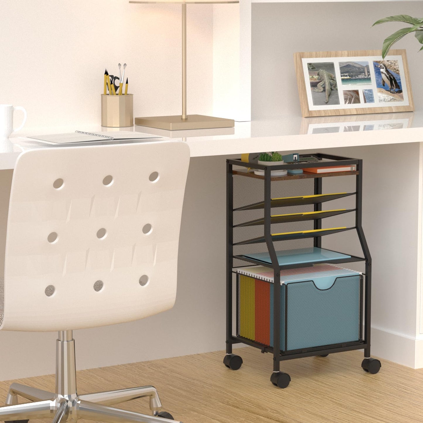 BOHDK Rolling File Cart, 6-Tier Desk File Organizer on Lockable Wheels, Brown Wood Planks & Mesh Sliding Hanging Folder Drawer, Organization Cart for Office Home School