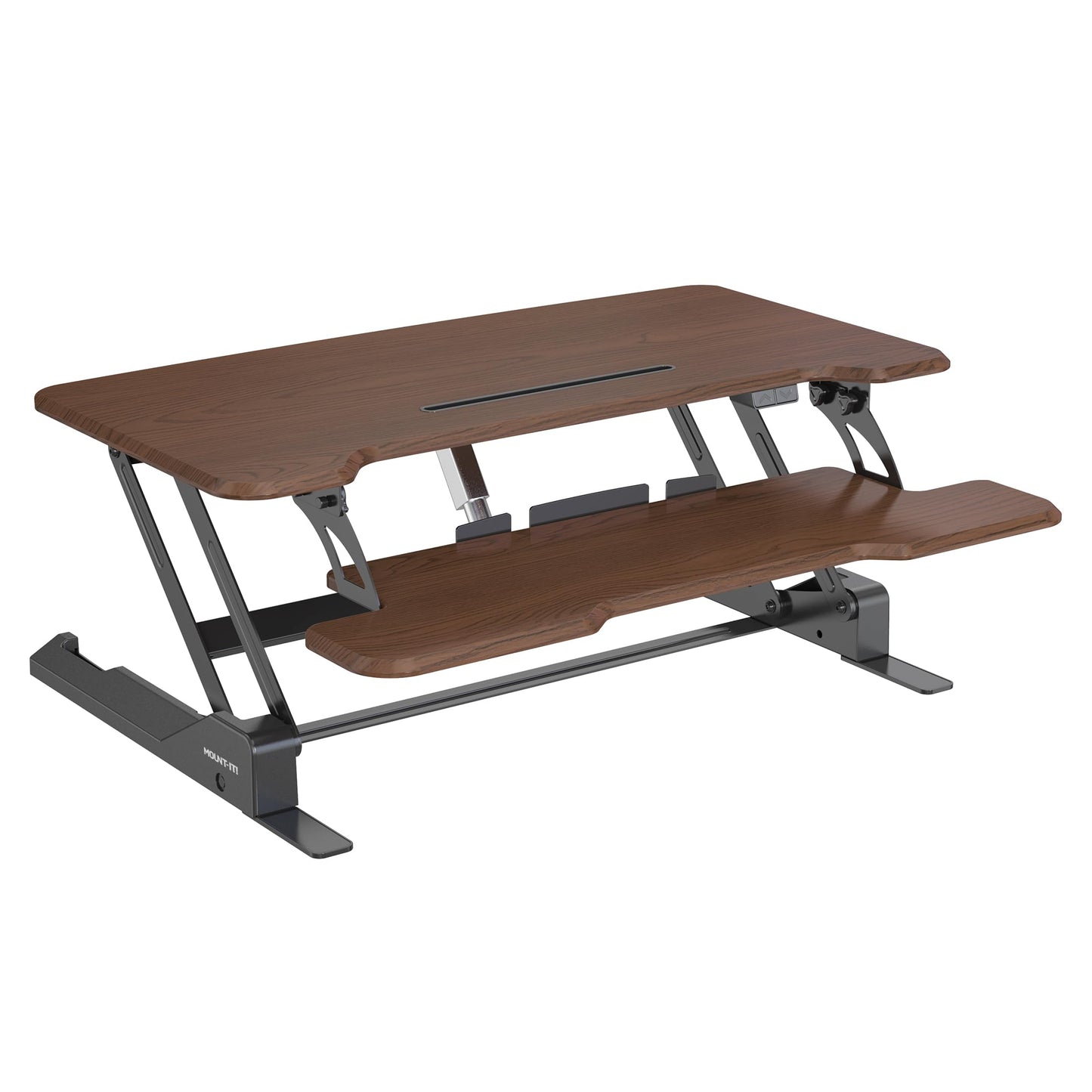 Mount-It! Electric Standing Desk Converter with 38" Tabletop, Height Adjustable Desk Riser, Motorized Desk Riser with Keyboard Tray and Device Slot, Fits Monitor & Laptop, Dark Walnut