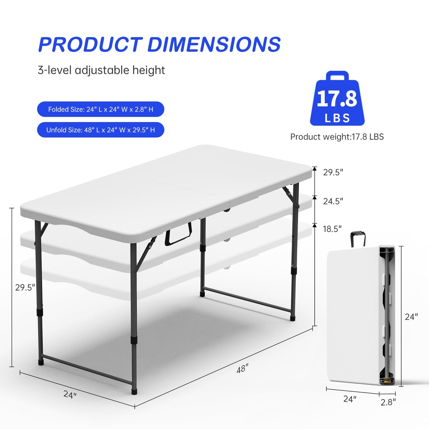 Folding Table 4 Foot for Indoor Outdoor, Portable Heavy Duty Fold-in-Half Utility Small Plastic Adjustable Height Folding with Carrying Handle for Picnic and Party, White (White, 4 FT - 2 PACK)