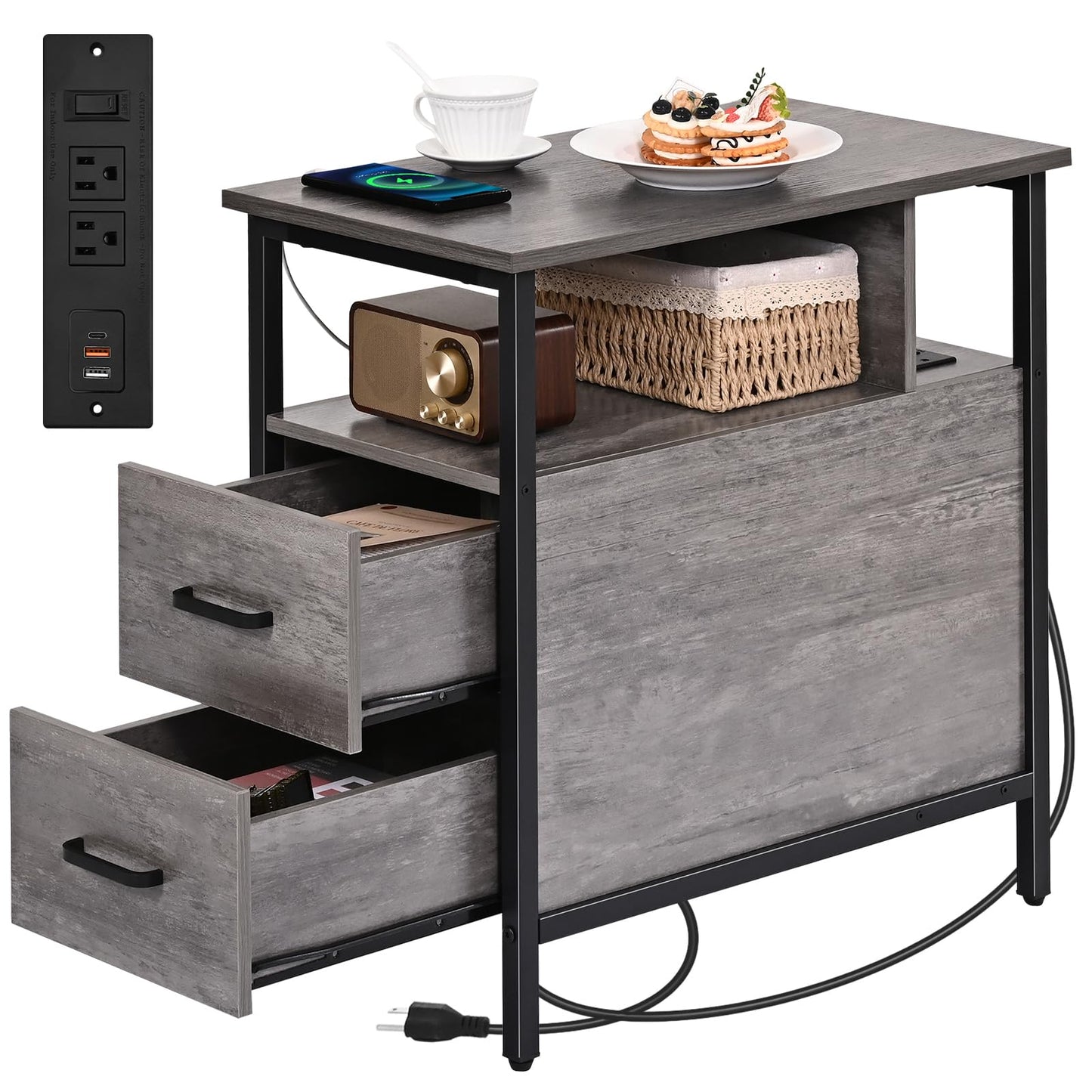 Livofloral Side Table, Gray End Tables with Charging Station, Narrow End Table with Wooden Drawers, USB Ports and Power Outlets, Nightstand and Bedside Table, Side Table Living Room, Bedroom
