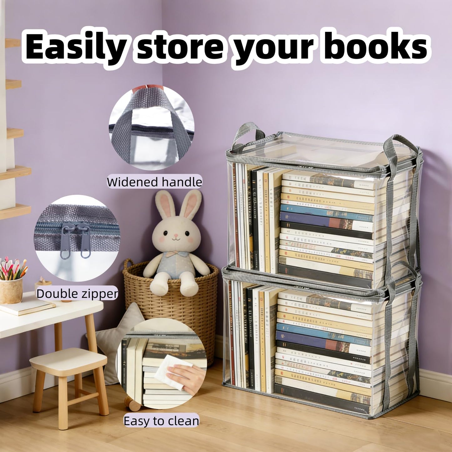 2-Pack Large Clear Book Storage Bags - Waterproof Plastic Comic Book Bin with Carrying Handles - Portable Book Display Case & Closet Organizer for Used Books, DVDs and Magazines - 15" x 9.5" x 12.5"