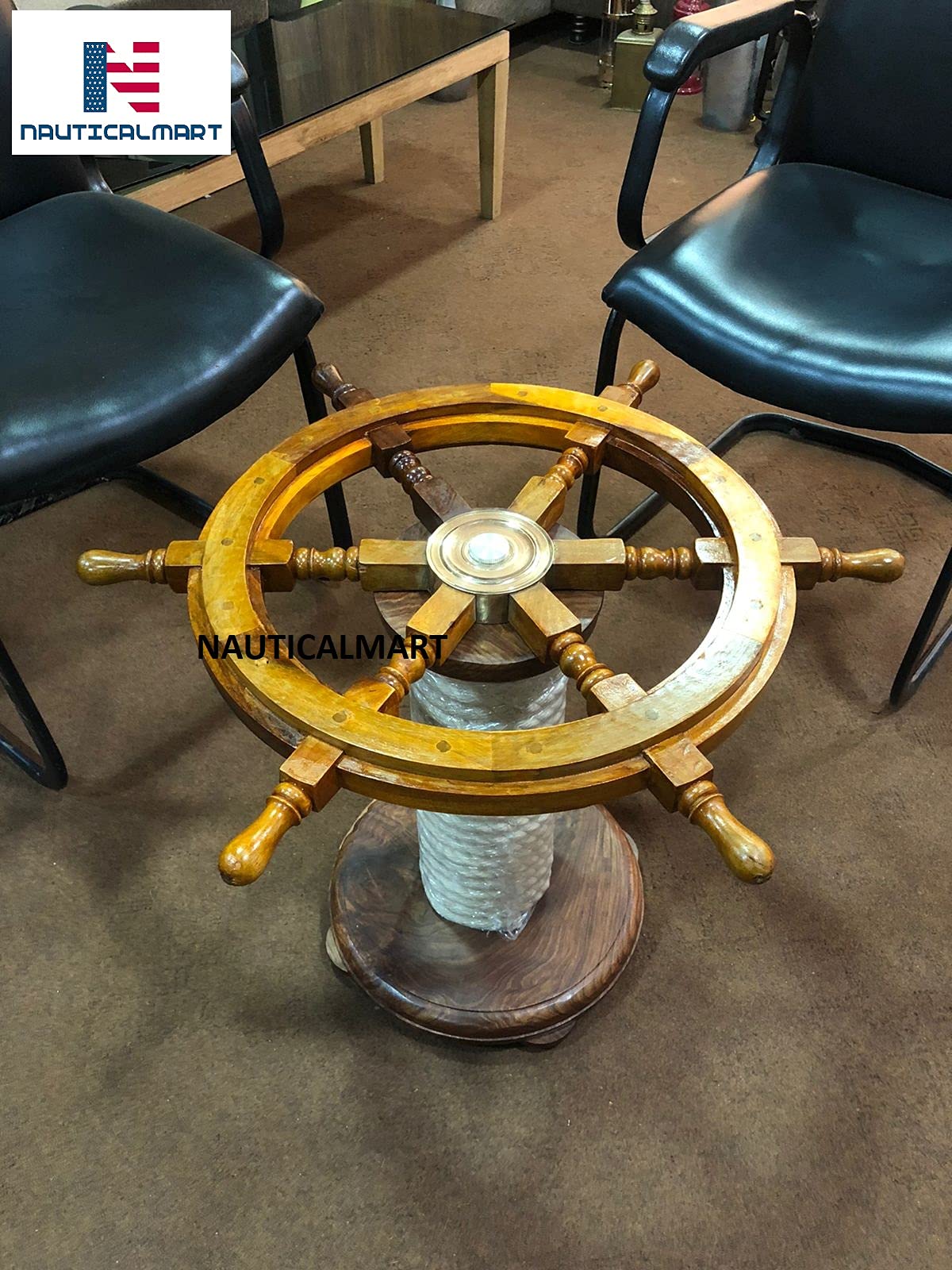 Nautical-Mart Wooden Ship Wheel Table w/Rope Base Home Office Furniture Decor (30 Inches)