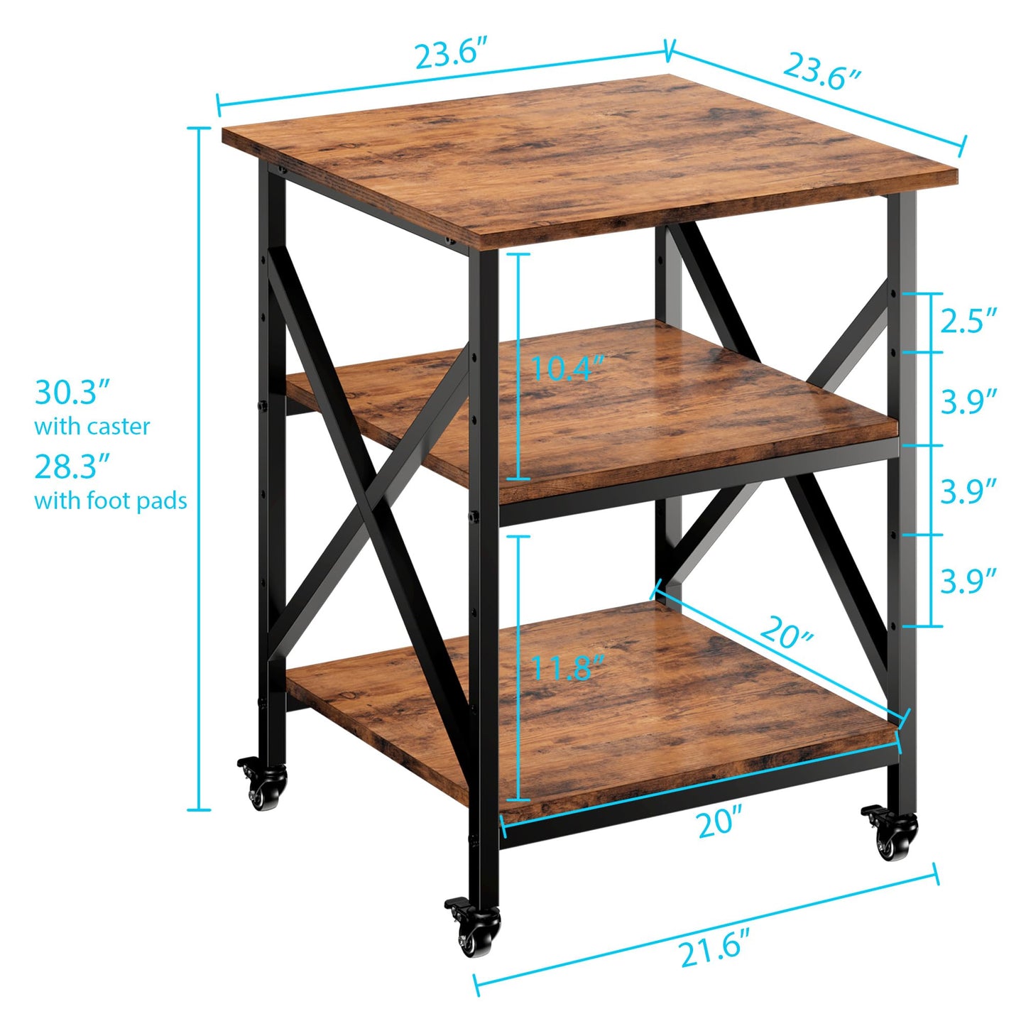 Ollieroo 3 Tier Printer Stand, Large Table with Wheels, Rolling Cart with Height Adjustable Middle Storage Shelf, 23.6 x 23.6 x 30.3 Inches Shelf for Home Office, Vintage Brown