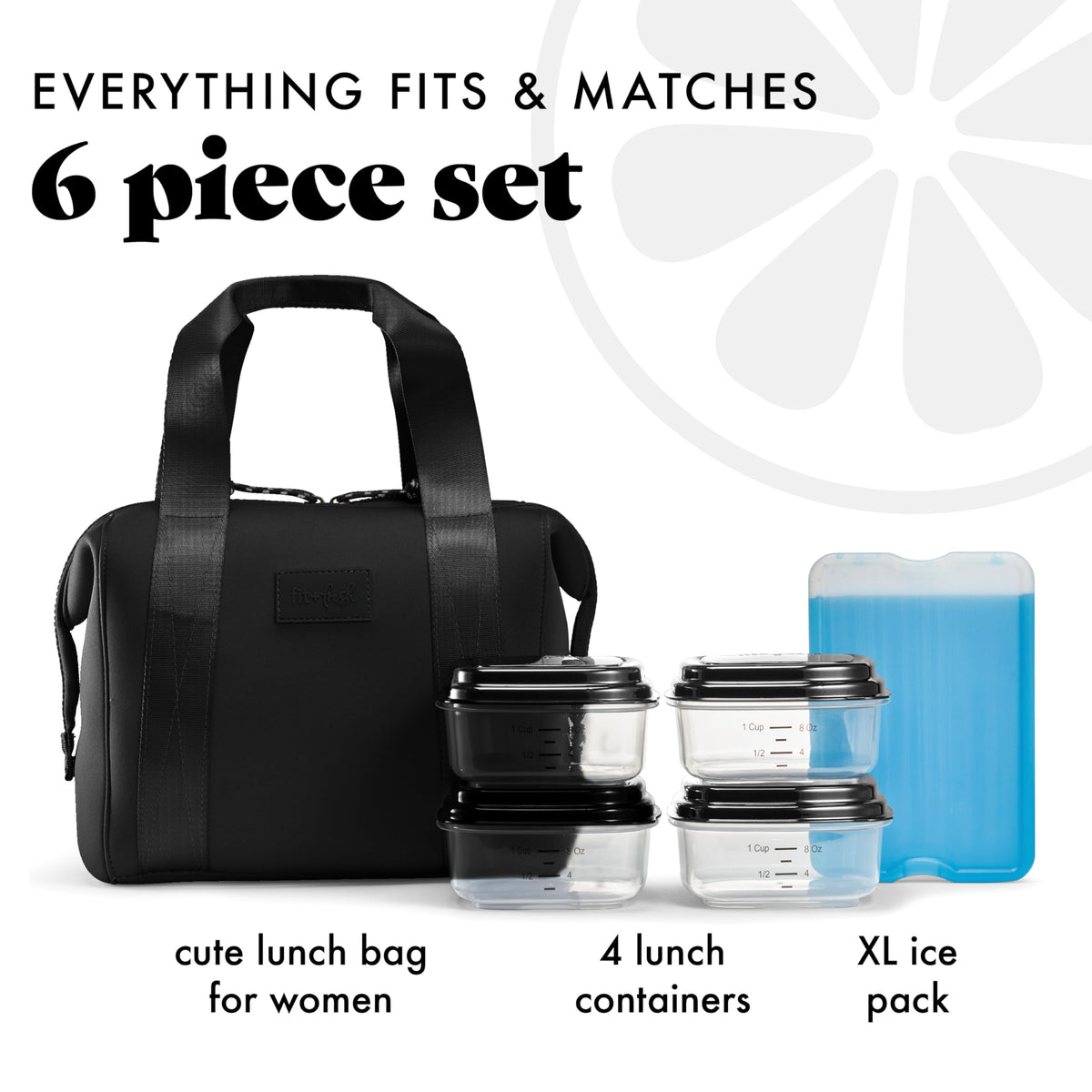 Fit & Fresh Remi Lunch Bag for Women Work – Neoprene Lunch Tote with Containers & Ice Pack, Reusable Meal Prep Lunch Box, Large Capacity, Machine Washable, Black