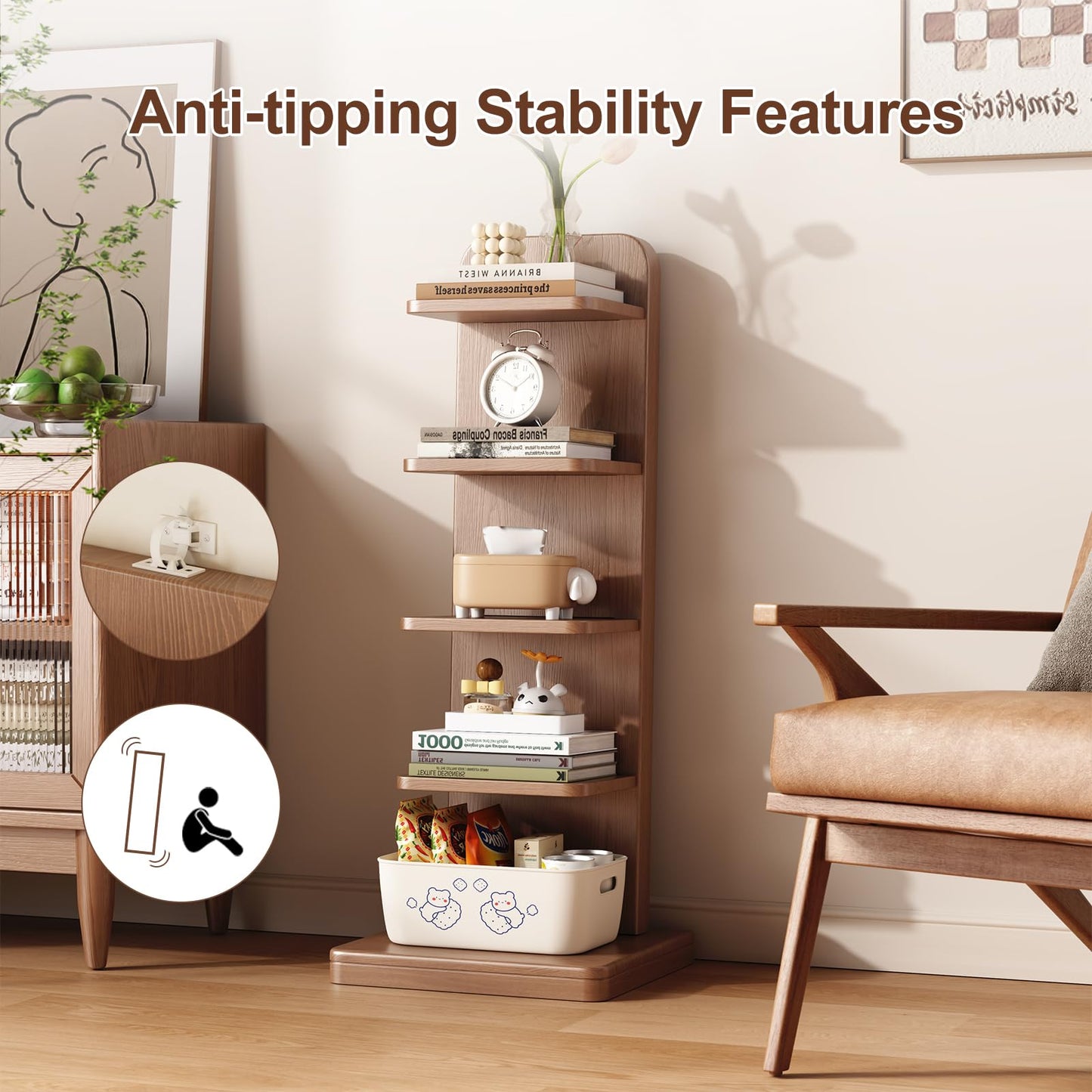 WoodsWhisper Solid Wood 5-Tier Narrow Bookshelf Small Spaces Open Storage