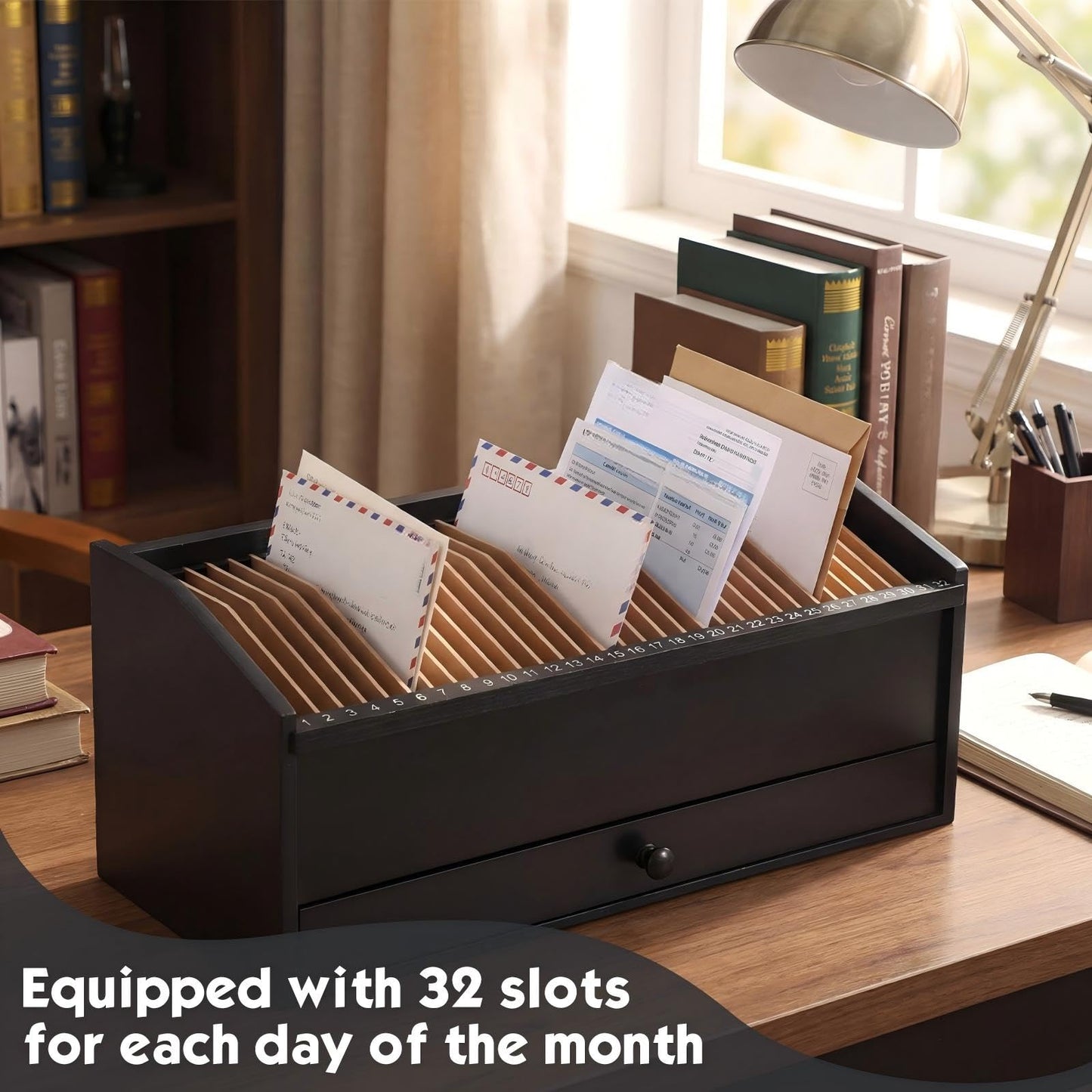 Teecyhooo Wood Desktop Organizer with Drawer, 17 Inch 32 Section Bill & Mail & File Organizer Storage for Office Desk, Desktop Mail Holder and Office Supplies Storage, Letter and Paper Sorter(Black)