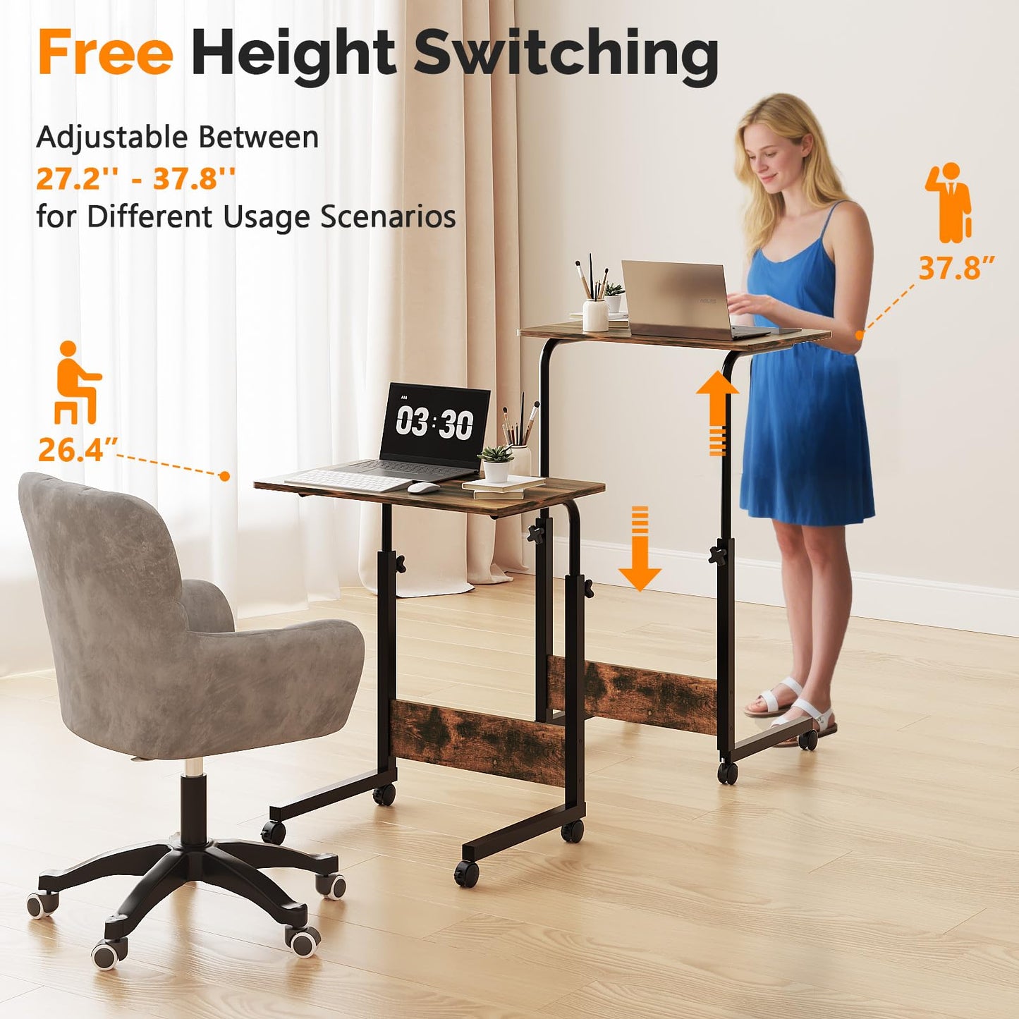 FCH Portable Computer Workstation, Standing Desk Adjustable Height, Small Computer Desk w/Rolling, Sit Stand Laptop Desk TV Tray for Bed Sofa Hospital Reading Eating, Rustic Brown, 23.6"