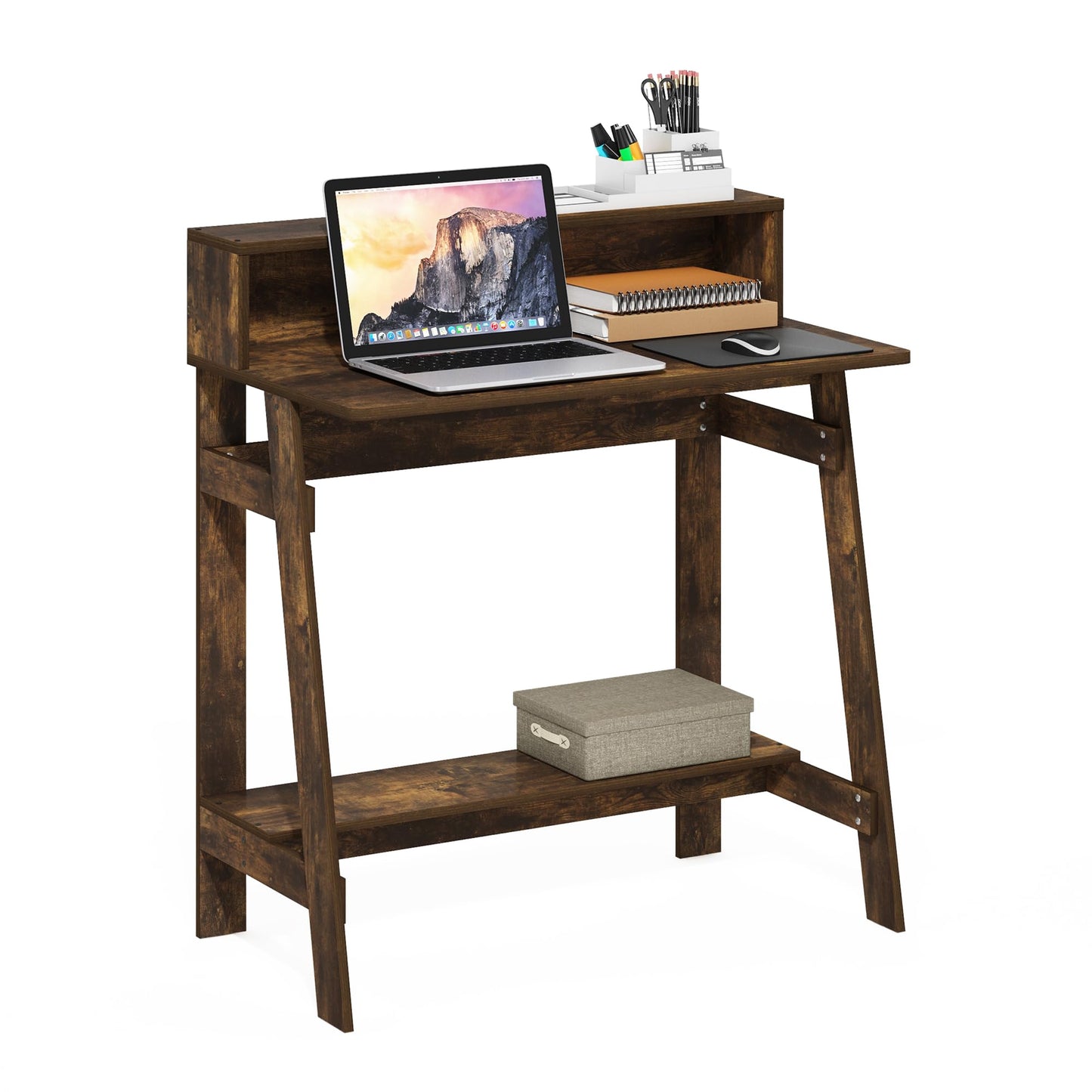 Furinno Simplistic Desk, 32" Wide Gaming Desk with Monitor Stand, A Frame Computer Desk with Shelf, Office Desk for Home Office, Bedroom, Study Room, Dorm, Amber Pine