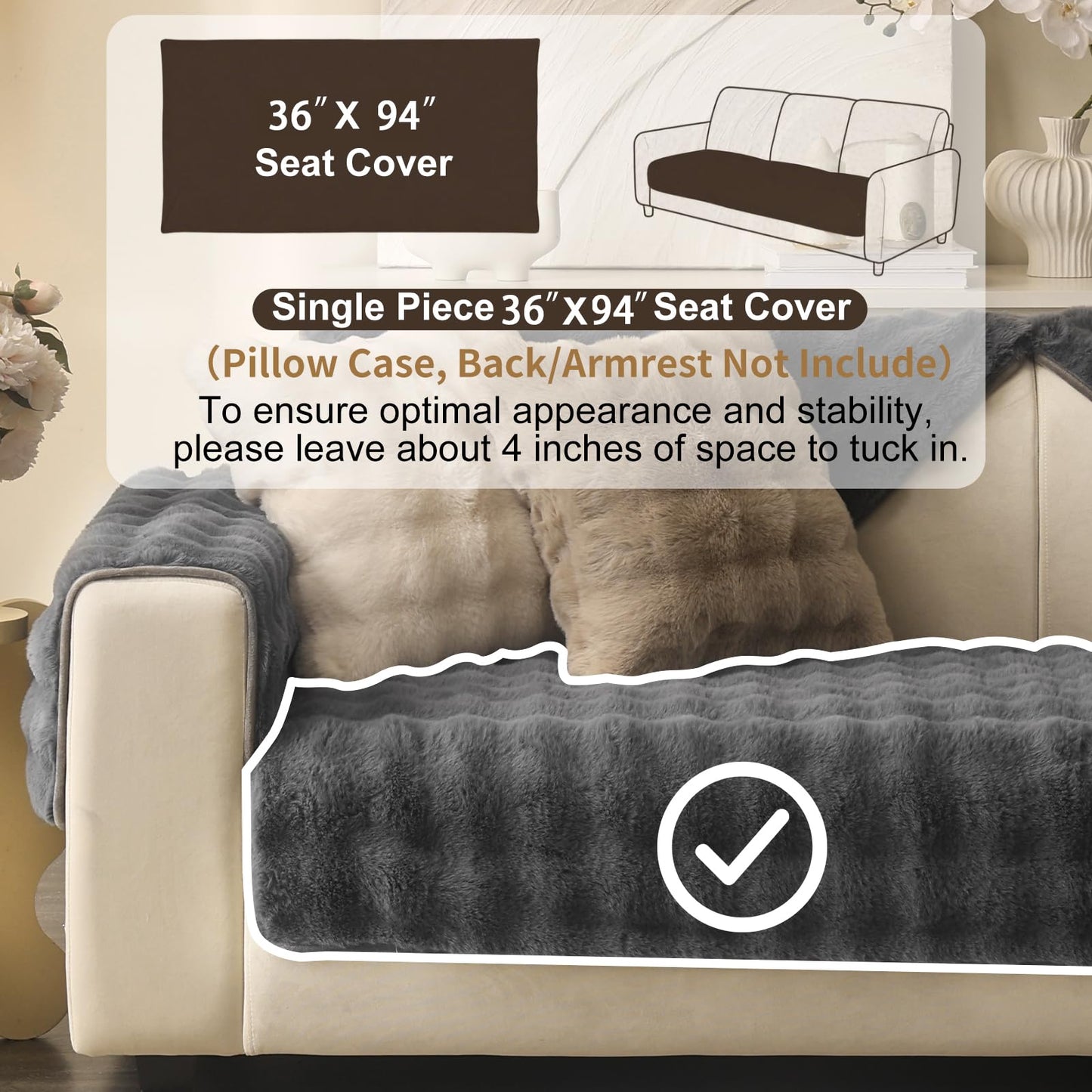Aucrovee Soft Plush Faux Fur Couch Cover, Thick Warm Fuzzy Sectional Sofa Covers for 3 Cushion Couch Sofa Non Slip Slipcover, Furniture Protector Covers for Pets(1 PCS 36"x94" Dark Grey)