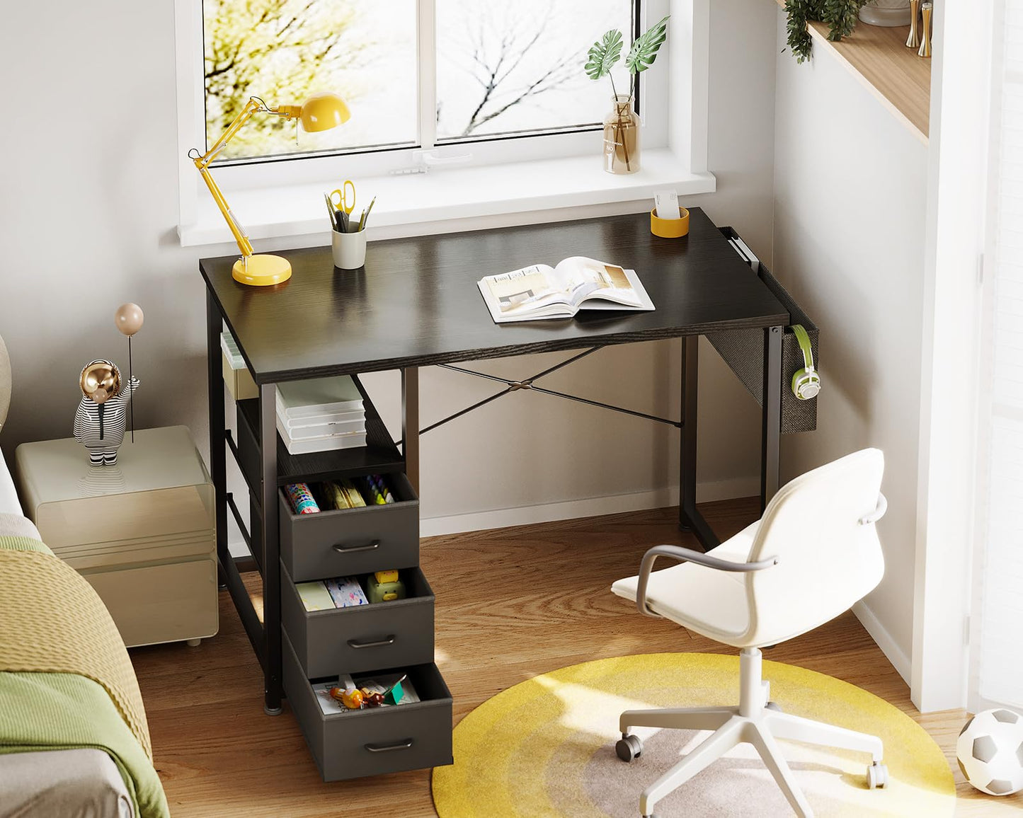 AODK 32 Inch Small Computer Desk with Fabric Drawers, Kids Study Desk for Bedroom, Home Office Desk with Storage Shelf & Bag for Small Space, Black