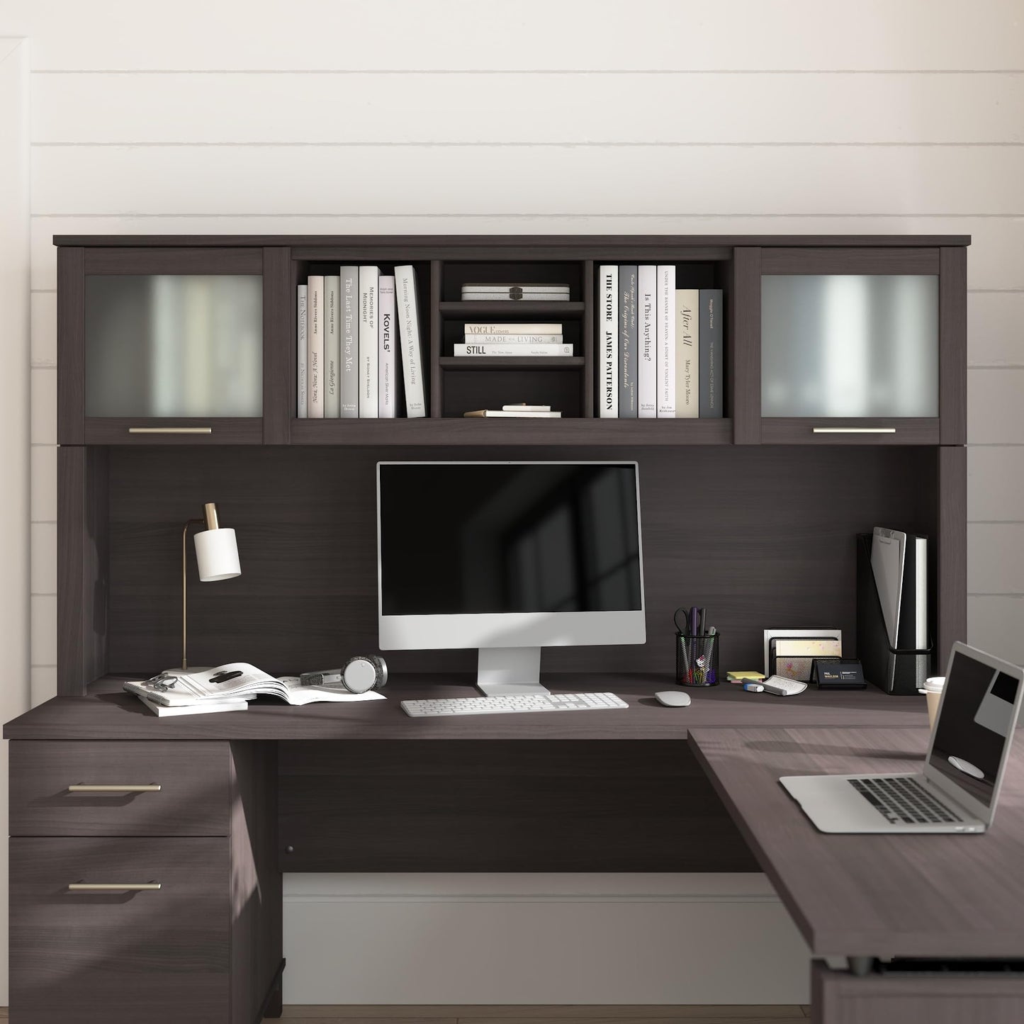 Bush Home 72-Inch Desk Hutch, Office Storage Organizer with Shelves, Cubbies and Frosted Glass Doors for Computer Desk, Home Office Furniture, Somerset Collection, Storm Gray