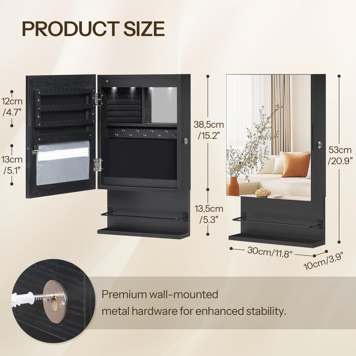 HOOBRO Wall Mounted Jewelry Cabinet, LED Jewelry Armoire with Interior Mirror, Hanging Jewelry Organizer for Wall, Lockable Jewelry Storage Cabinet, 3.9 x 11.8 x 20.9 Inches, Black