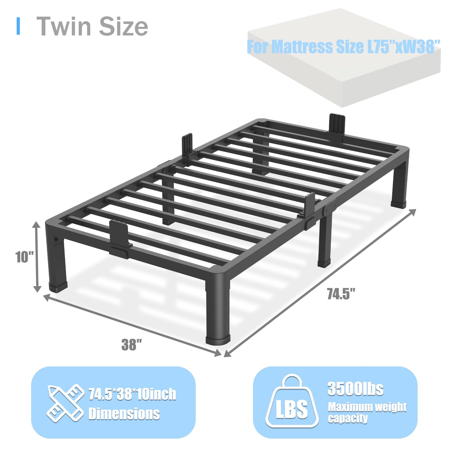 Yitong Angel 10 inch Twin Bed Frame with Round Corner Legs Mattress Slide Stopper,Low Profile Heavy Duty Metal Platform,No Box Spring Needed,Steel Slat Support,Easy Assembly,Noise Free