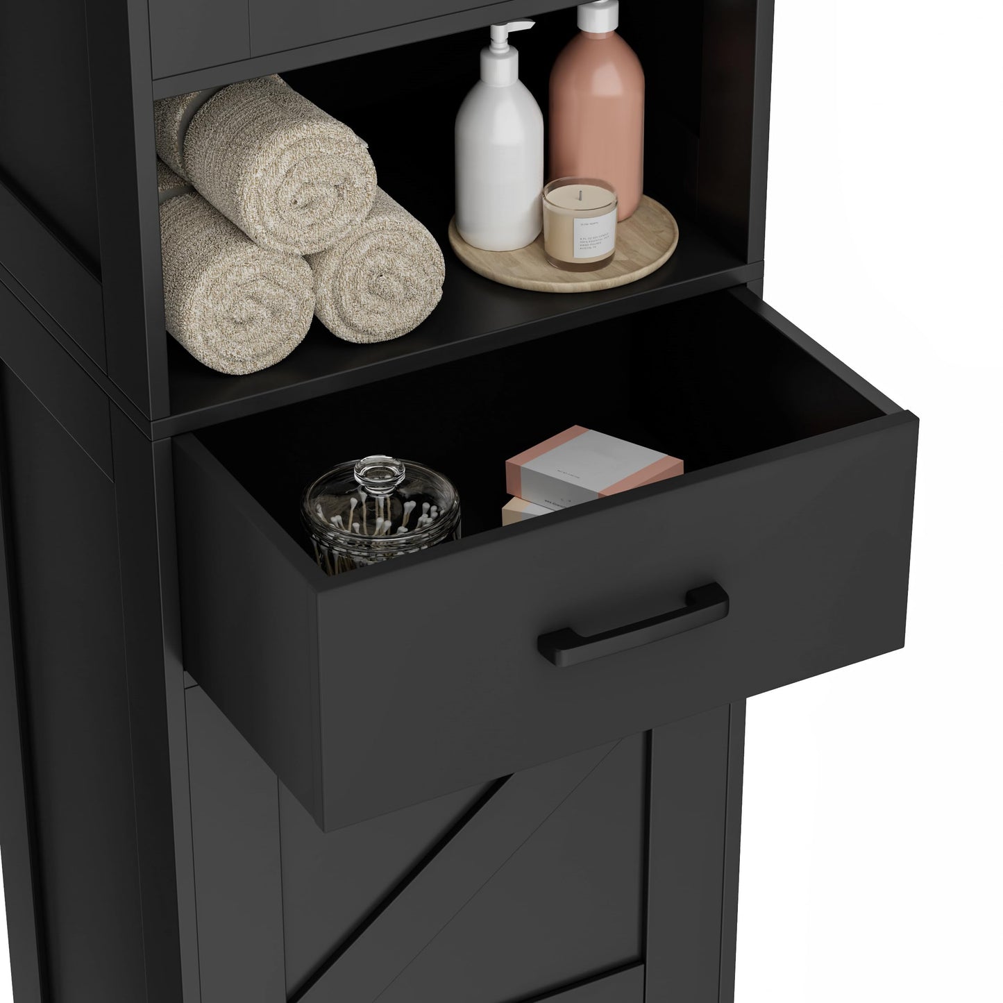 Homhedy 67" H Tall Bathroom Storage Cabinet with 2 Barn Doors and 1 Drawer, Narrow Storage Unit, Adjustable Shelves, Floor Cabinet for Bathroom, Living Room, Entryway, Kitchen, Black, (15.7" W)