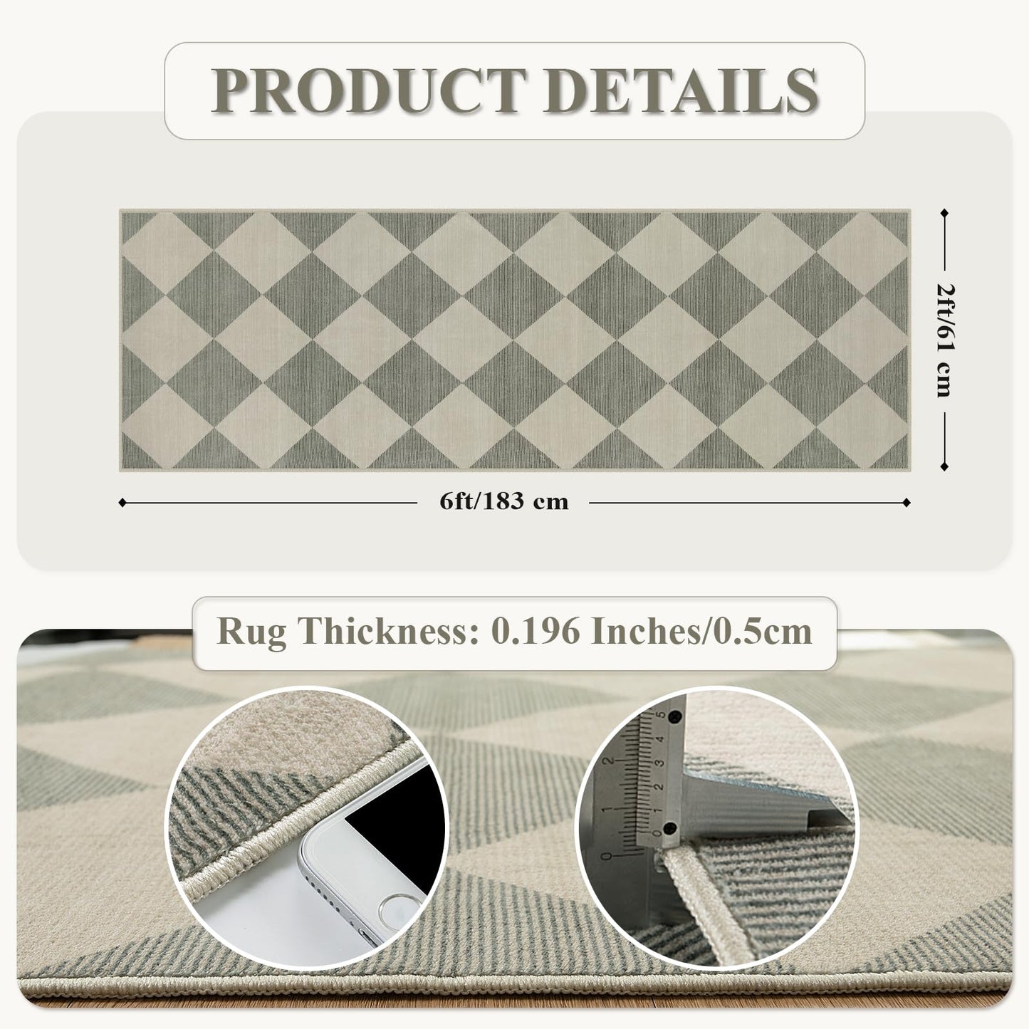 Beeiva Checkered Print Hallway Runner Rug Non Slip, Ultra Thin Washable Kitchen Runner Rug 2x6, Moroccan Neutral Green Soft Floor Carpet for Bedroom Laundry Room, Minimalist Diamond Hallway Decor
