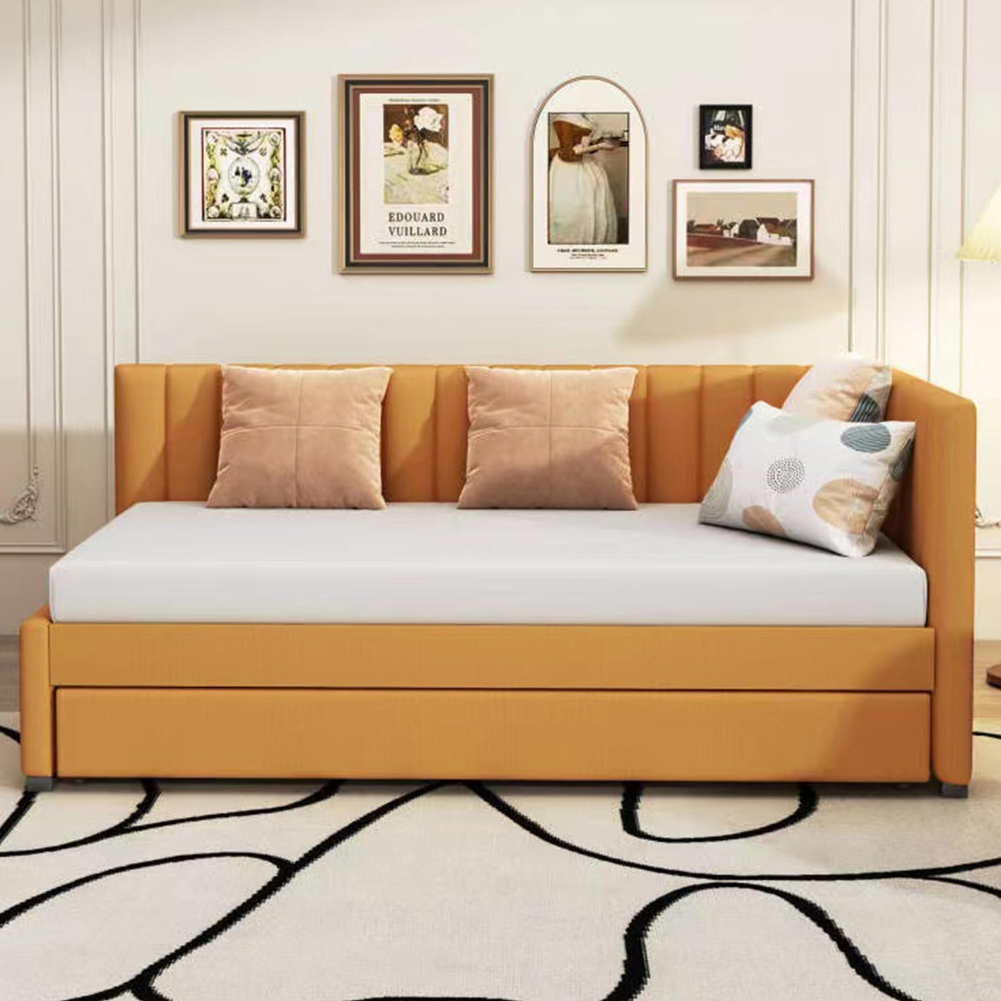 Jintop Twin Size Upholstered Linen Daybed with 2 Trundle,Semi-Closed Design,Solid Wood Bed Frame,W/Backrest and Slat Support,No Box Spring Needed,for Apartment Bedroom,Yellow
