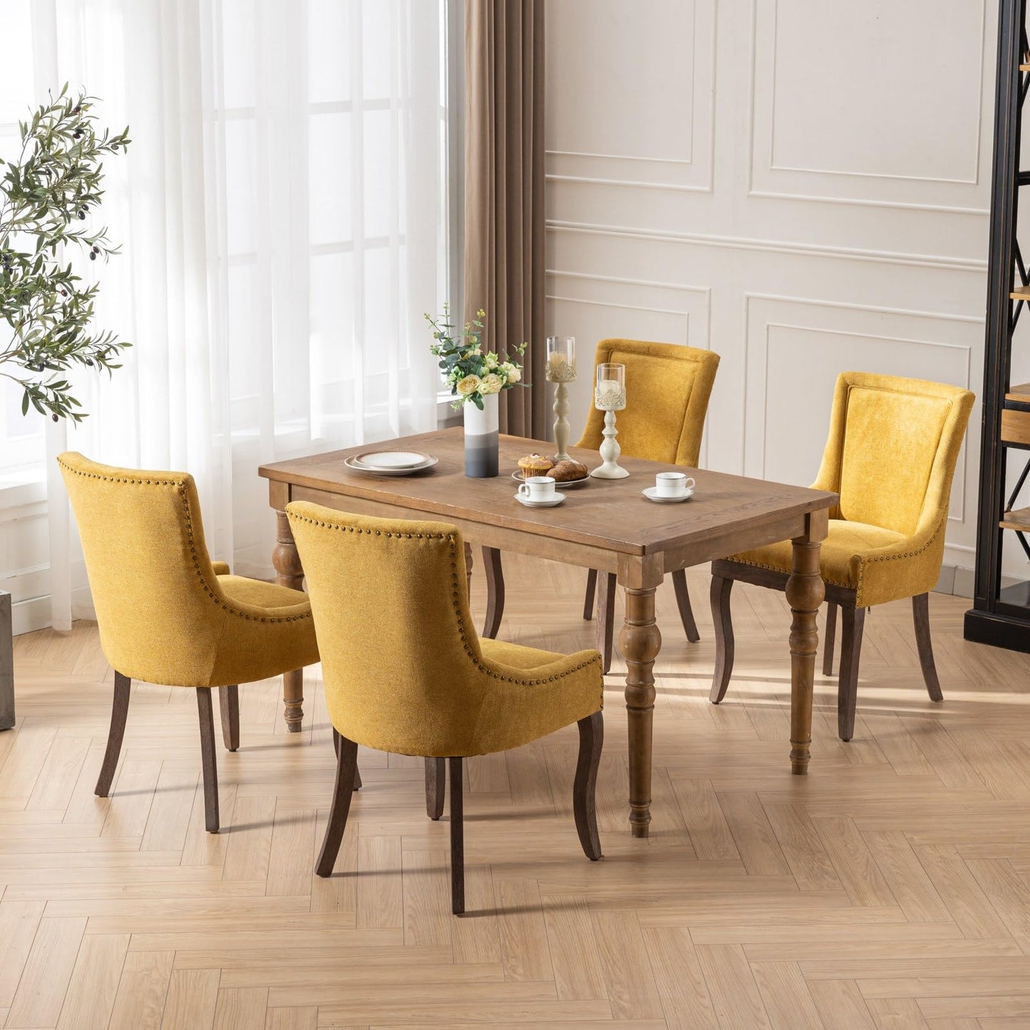 Ball & Cast Mid-Century Upholstered Dining Chairs Set of 2, Thickened Fabric Wingback Kitchen Chairs with Bronze Nail Head & Toned Solid Wood Legs, Golden