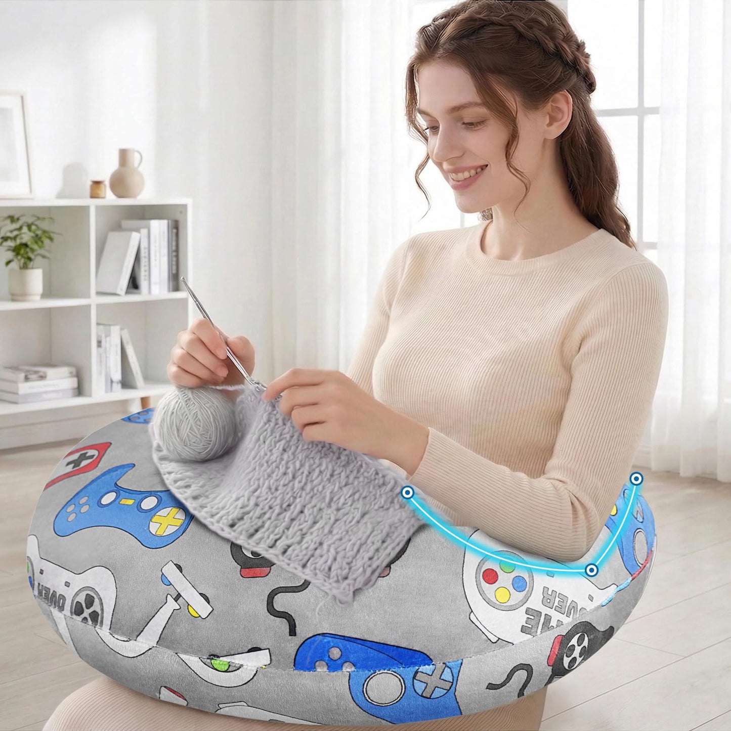 Crafting Pillow for Crocheting, Crochet Pillow for Lap Support, 12 Fun Print Styles, Ergonomic Arm Support, For Bed, Floor, Chair Comfort, Pain Relief and Fatigue for Gaming and Woking (Button)