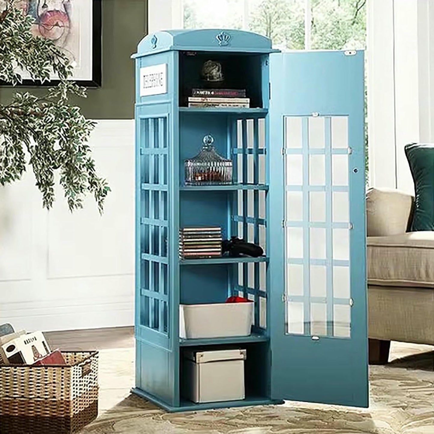 MNJVCFDS London Telephone Booth 5-Tier Wood Bookcase with Acrylic Door - Floor Standing Display Cabinet for Cute Storage Organizer