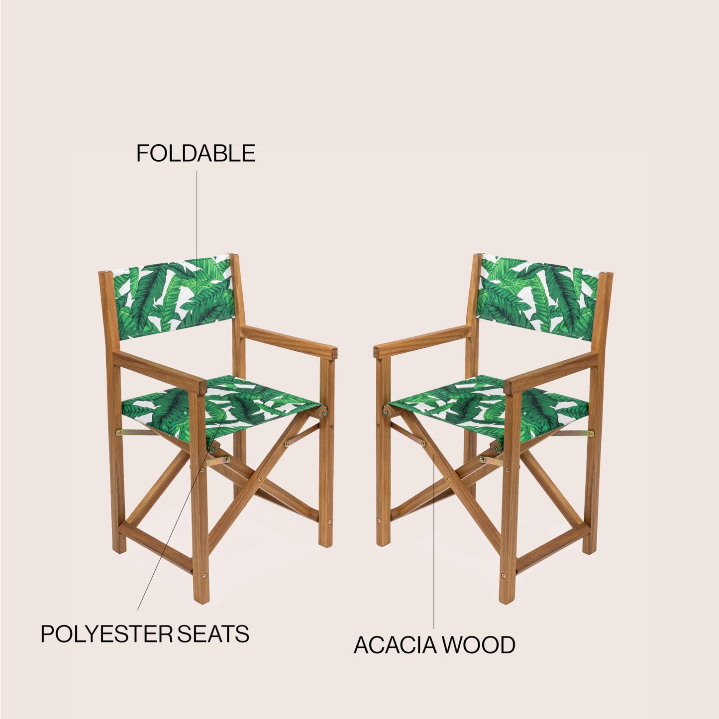 JONATHAN Y Cukor Coastal Acacia Wood Folding Outdoor Director Chair Set of 2 for Patio, Deck & Balcony, Weather-Resistant Teak Brown and Green/White, No Assembly Required DRC1001A-SET2