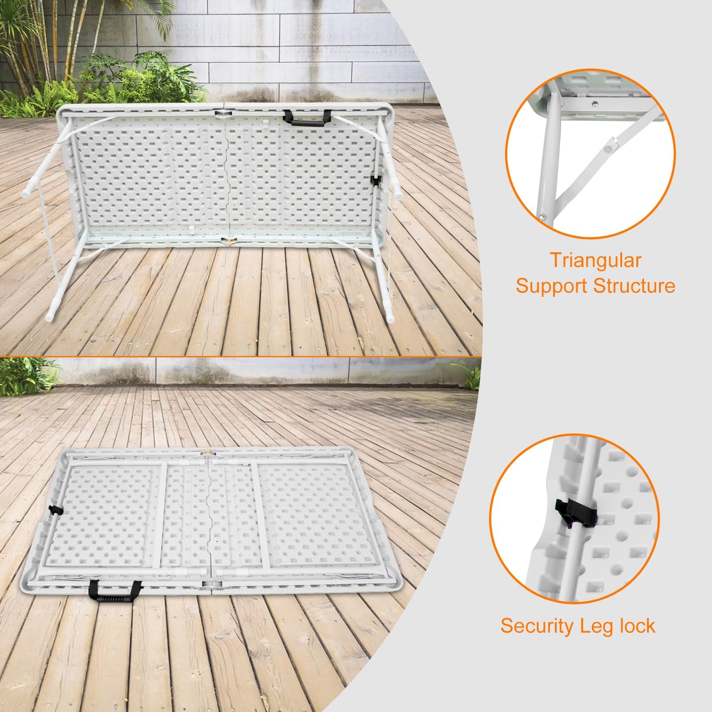 SculPong 4 FT Folding Table with Carry Handle, Portable Fold-in-Half Plastic Table, Rectangle Foldable Table for Indoor/Outdoor White