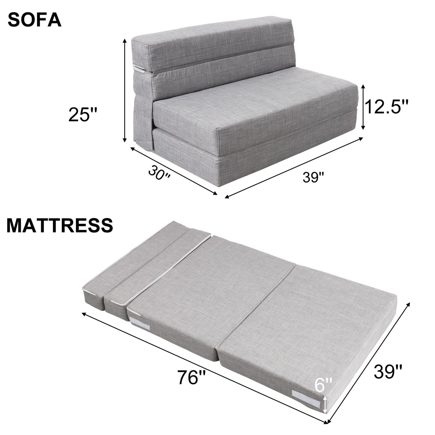 ANONER Folding Sleeper Chair Sofa Bed Lazy Couch with Pillow, Twin Size, Light Gray, Convertible Sleeper Chair and Foam Fold Out Chair Bed