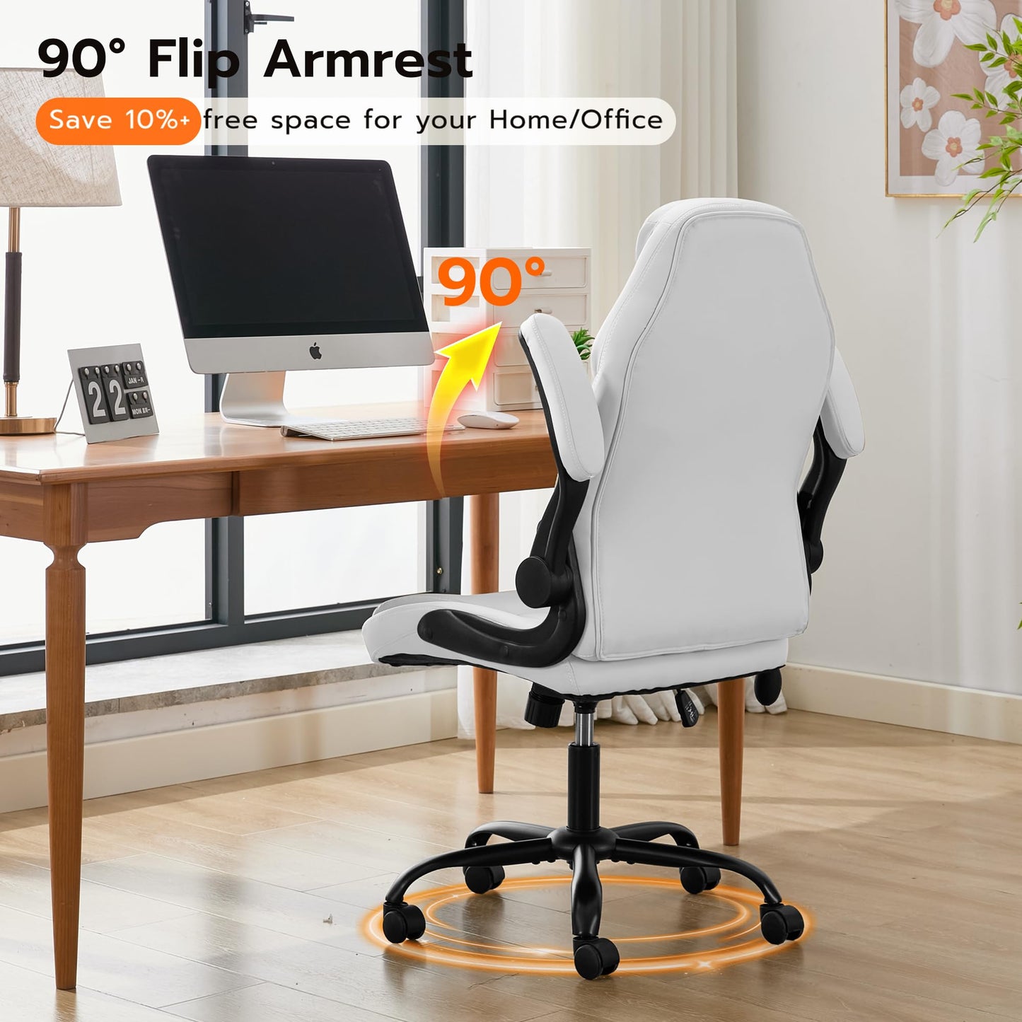 Ylzyxal Office Desk Chair, Ergonomic Computer Chair with Padded Flip-Up Arms and Adjustable Lumbar Support, PU Leather Executive Chair with Tilt Lock and 360° Swivel Rolling Wheels for Work, Study