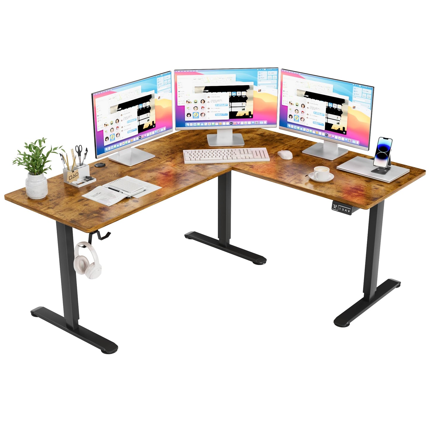 Furmax 63 x 55 Inch L Shaped Standing Desk with 2 Preset Heights, Electric Height Adjustable Computer Table, 2 Hooks & Feet Balance, Corner Sit Stand Desk for Home Office (Rustic Brown, 63 x 55 Inch)
