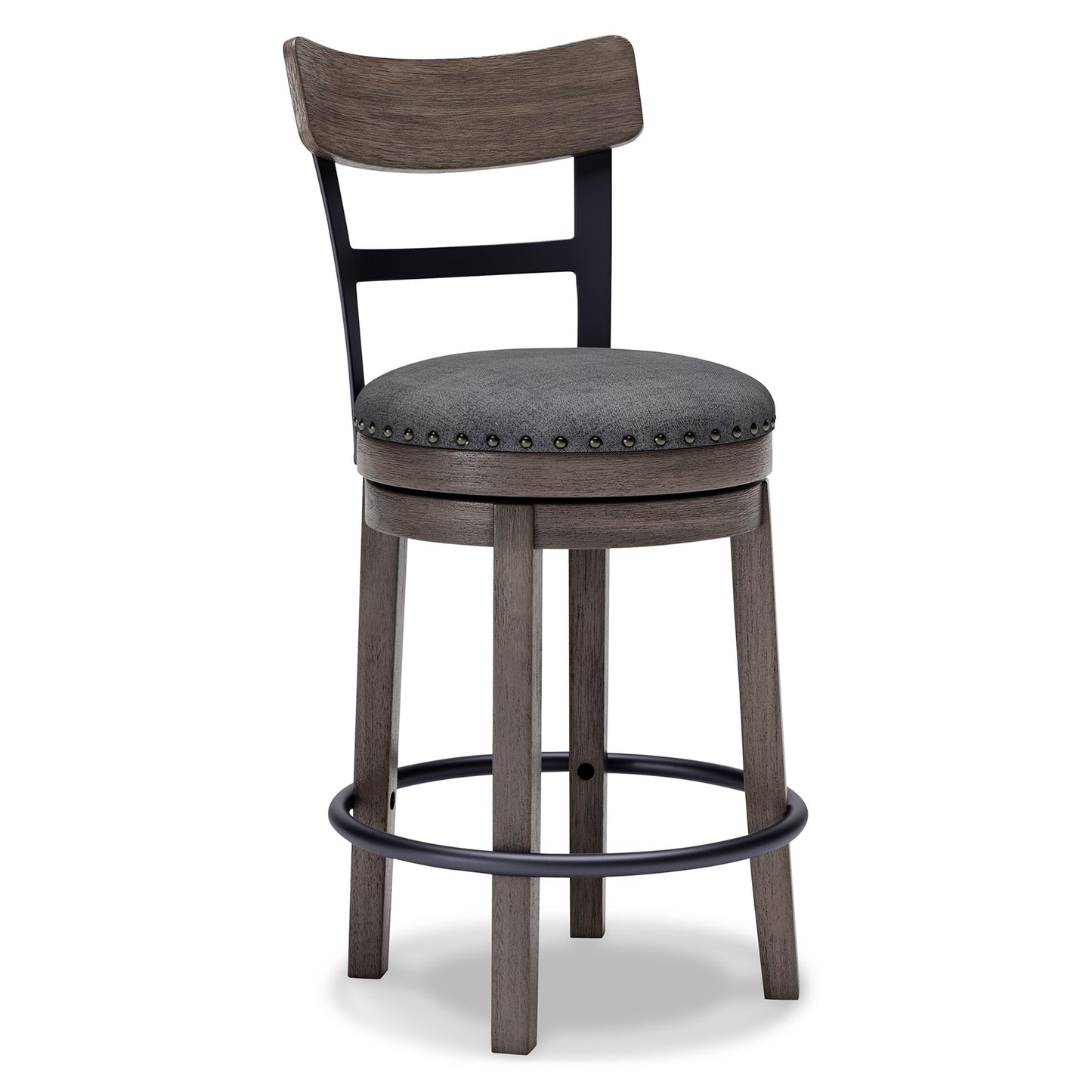 Signature Design by Ashley Caitbrook | Farmhouse Swivel 24" Counter Height Barstool – 360° Swivel, Upholstered with Nailhead Trim, Metal & Wood Frame, Gray