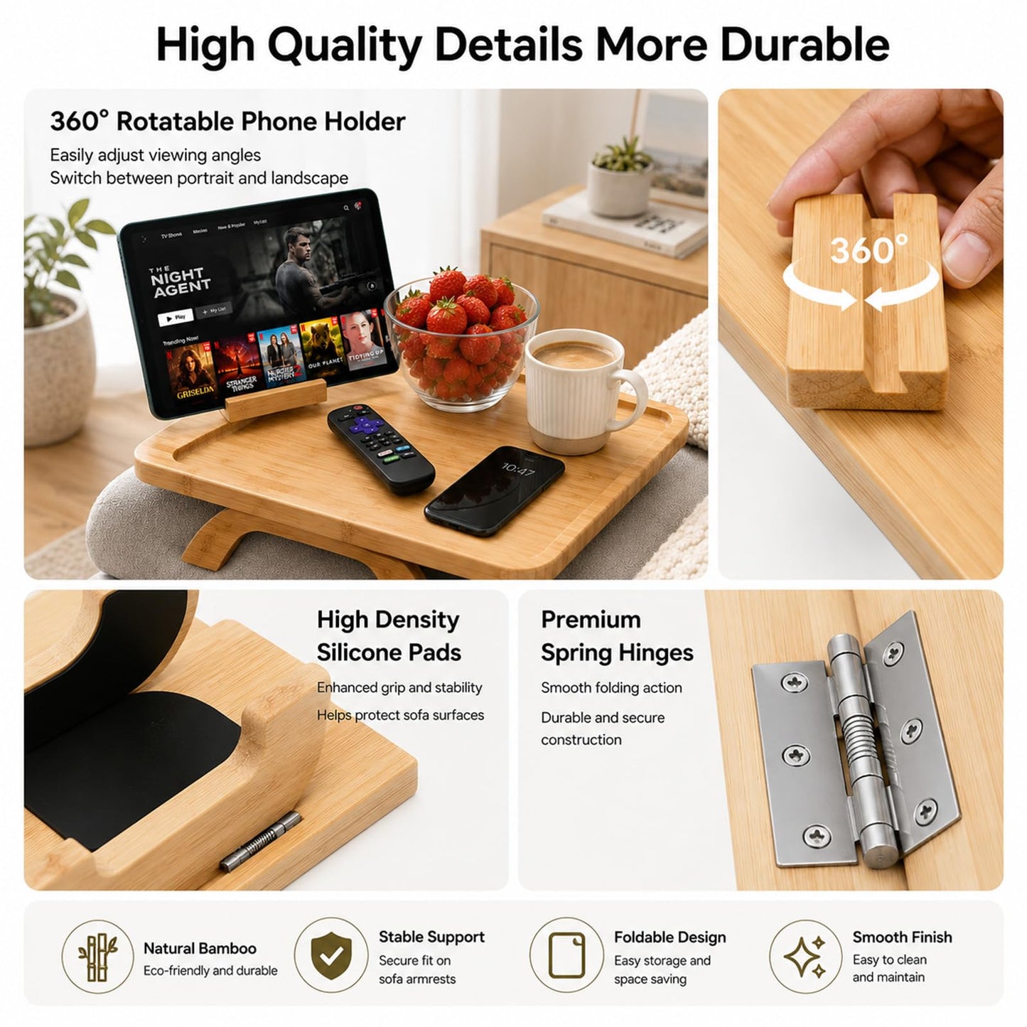 WOODSPROUT Bamboo Couch Cup Holder Tray, 4 in 1 Foldable Couch Arm Tray Table with 360° Rotating Phone Holder, Non-Slip Sofa Armrest Tray for Drinks, Snacks, Remote, Fits 3-13 Inch Flat Arms