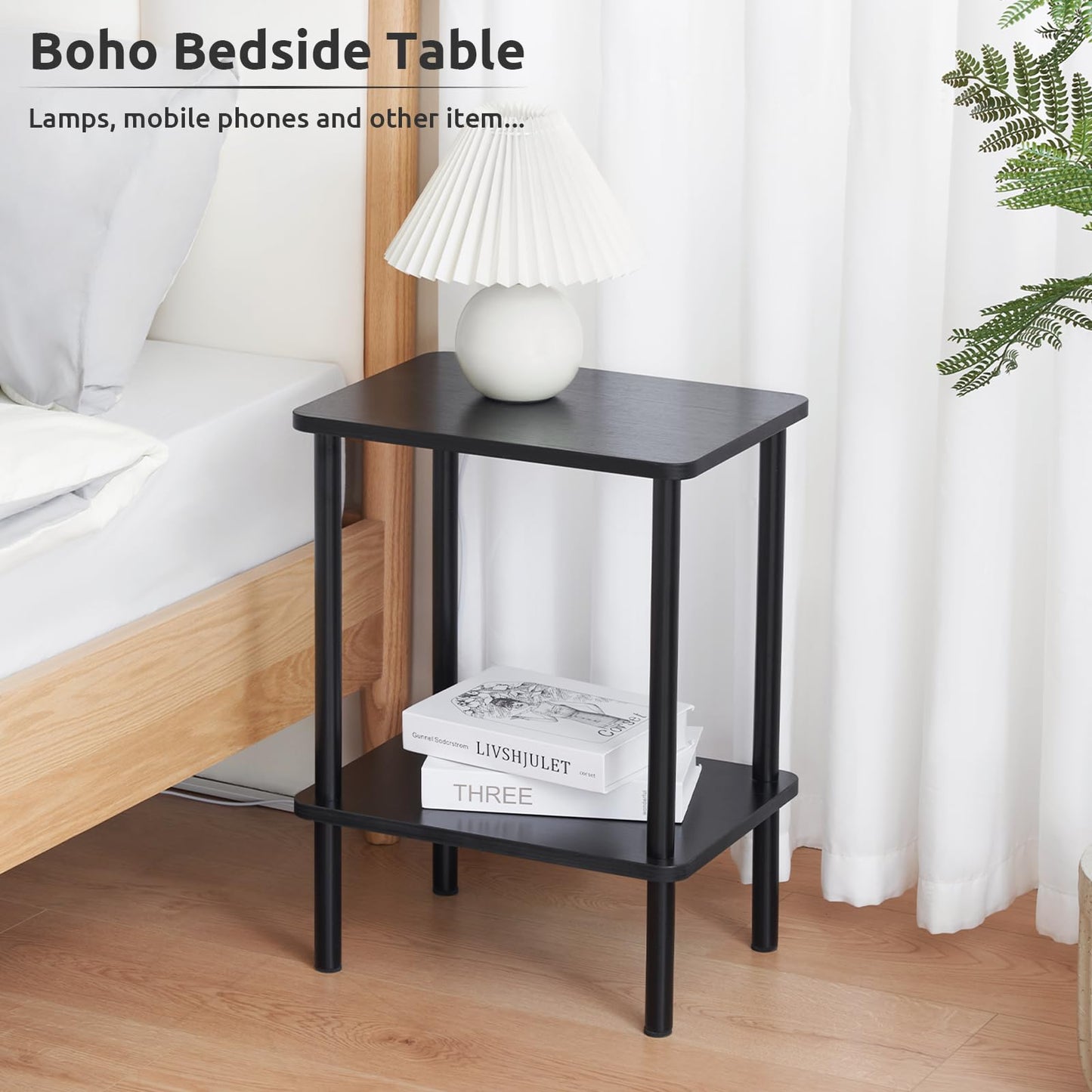 Apicizon 2 Tier End Table, Small Side Table with Solid Wood Legs, Boho Bedside Table with Storage Shelf, Nightstand for Small Spaces, Bedroom, Living Room, Entryway, Farmhouse, Easy Assembly, Black