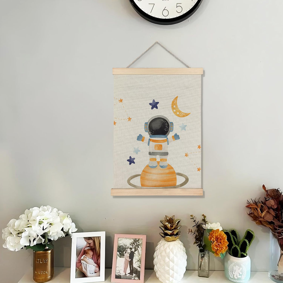 BearCake Spaceman Nursery Canvas Wall Decor Art Poster Hanger Frame, Space Prints Framed Wall Decor for Classroom Toddler Boys Room Nursery Playroom, 12x16 Inch