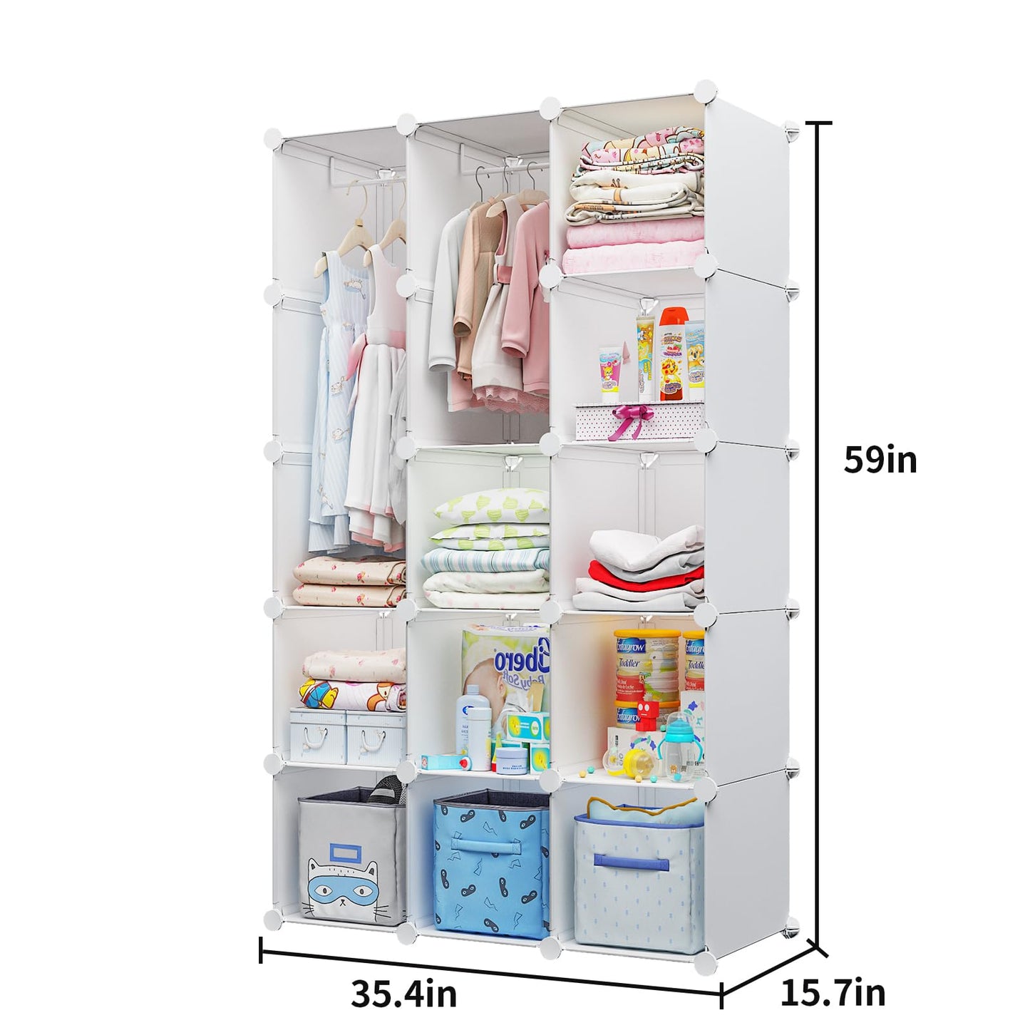 deijiner Modular Baby Wardrobe Closet, Portable Children Organizers and Storage for Nursery,15 Cubes with Hanging Rods,Multi-Functional Kids Storage Shelf-Bedroom Clothes Armoire (Boys & Girls)