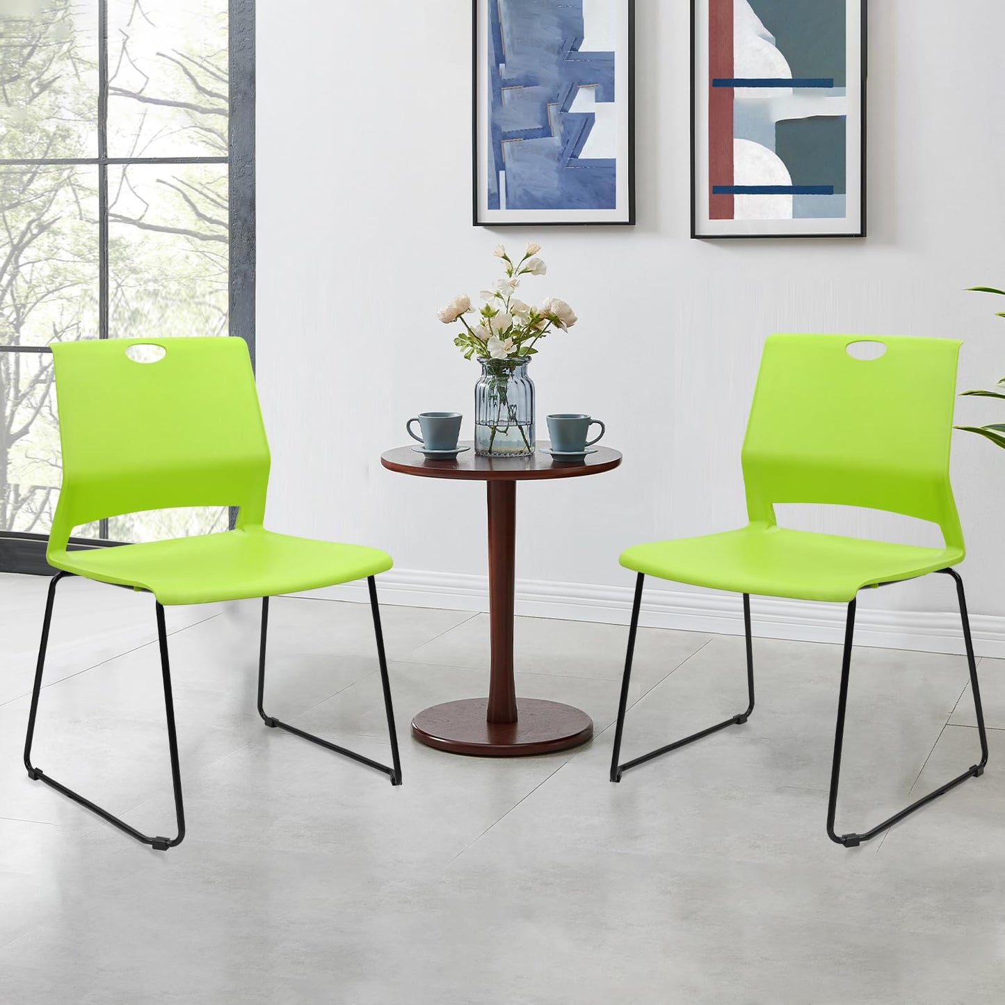KLASIKA Stackable Guest Reception Chairs, Stacking Office Chair with Ergonomic Lumbar Support & Metal Legs, Plastic Desk Chairs for Conference School Church Waiting Meeting Break Room Set of 12, Green