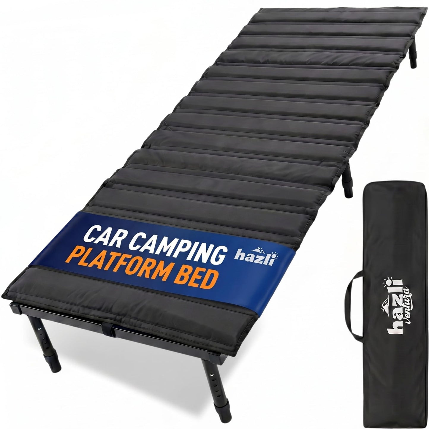 hazli Portable Car Bed for SUV Camping - Padded Sleeping Platform, Retractable 52"–72" to Fit More Vehicles, Adjustable Legs, 5-Minute Tool-Free Setup