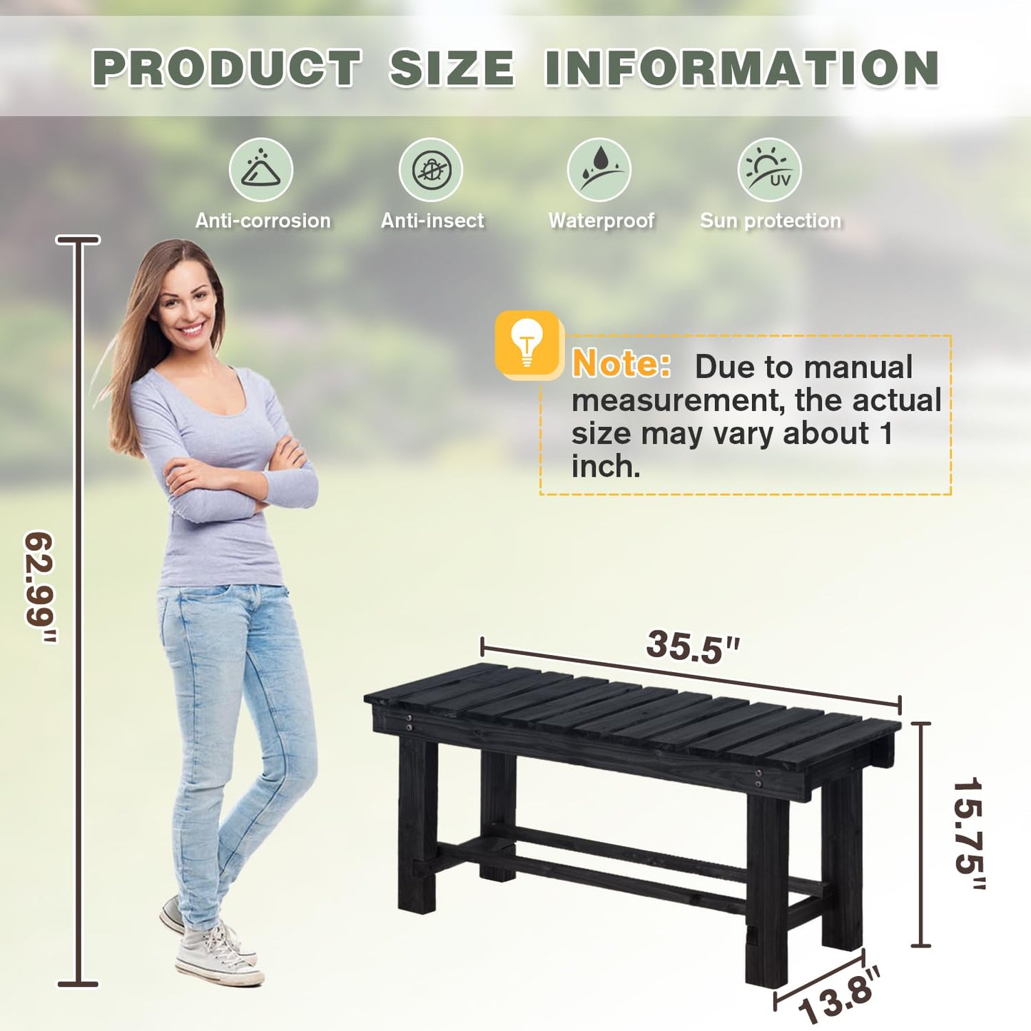 LSPYYDS Outdoor Garden Bench, 2-Person Wood Patio Bench Weatherproof Outdoor Backless Bench, Anti-Corrosion and Anti-Rust Garden Benches for Garden Lawn Porch Park Backyard (Black,35.5''/90cm)