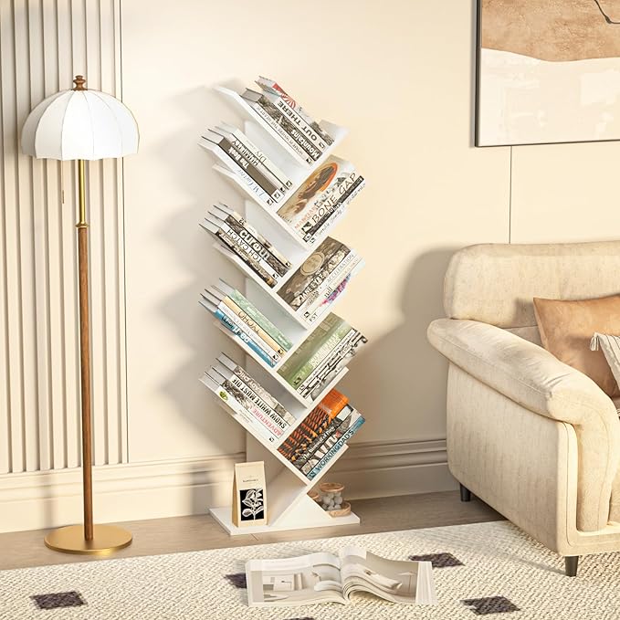 SHEEPAM 10 Tier Tree Book Shelf, Floor Standing Wood Bookshelf