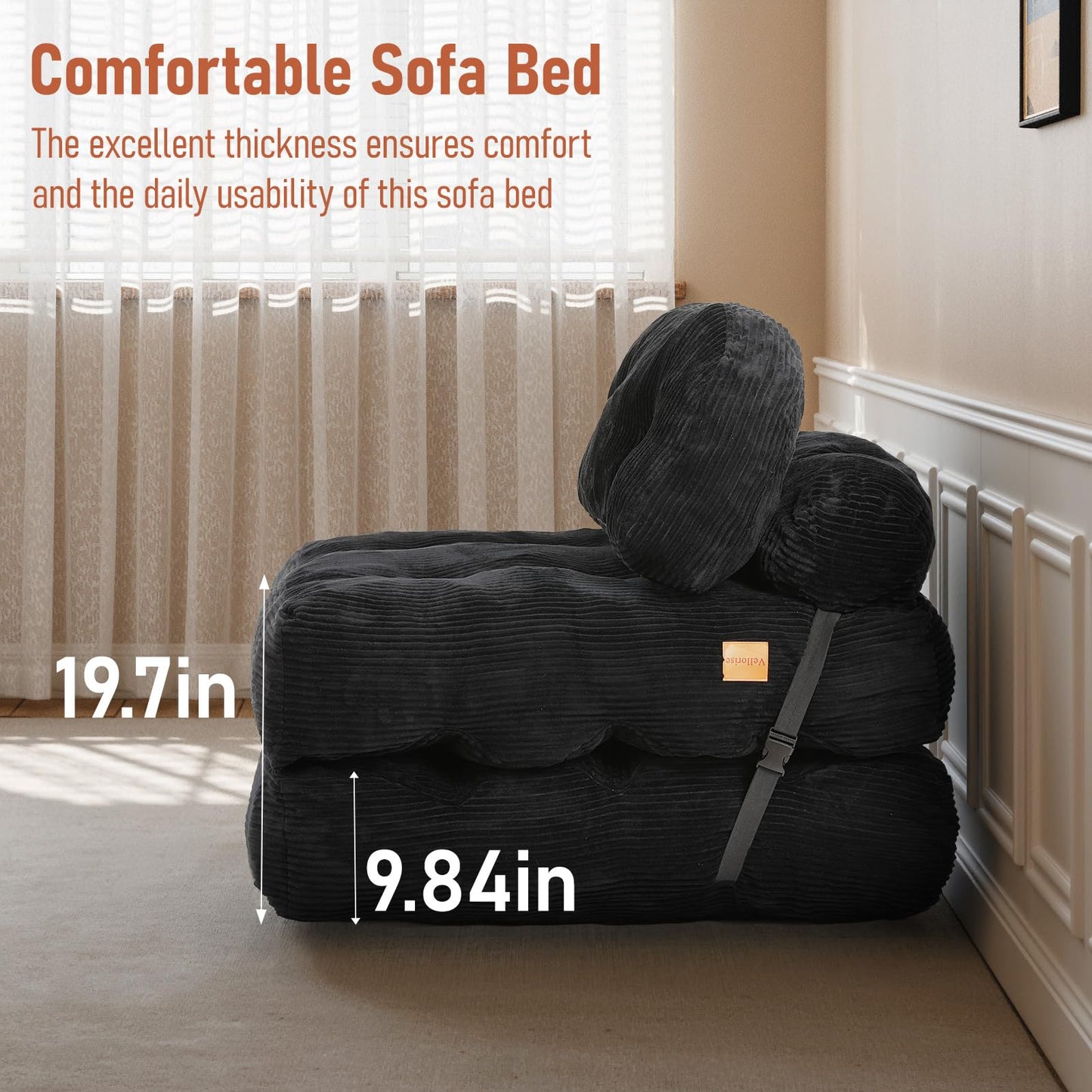 Vellorise Folding Sofa Bed, Convertible Sleeper Chair with Back Support and Pillow Futon,Boneless Foldable Couch for Living Room/Guest Use/Home Office, Foldable Chair Bed for Adults, Black