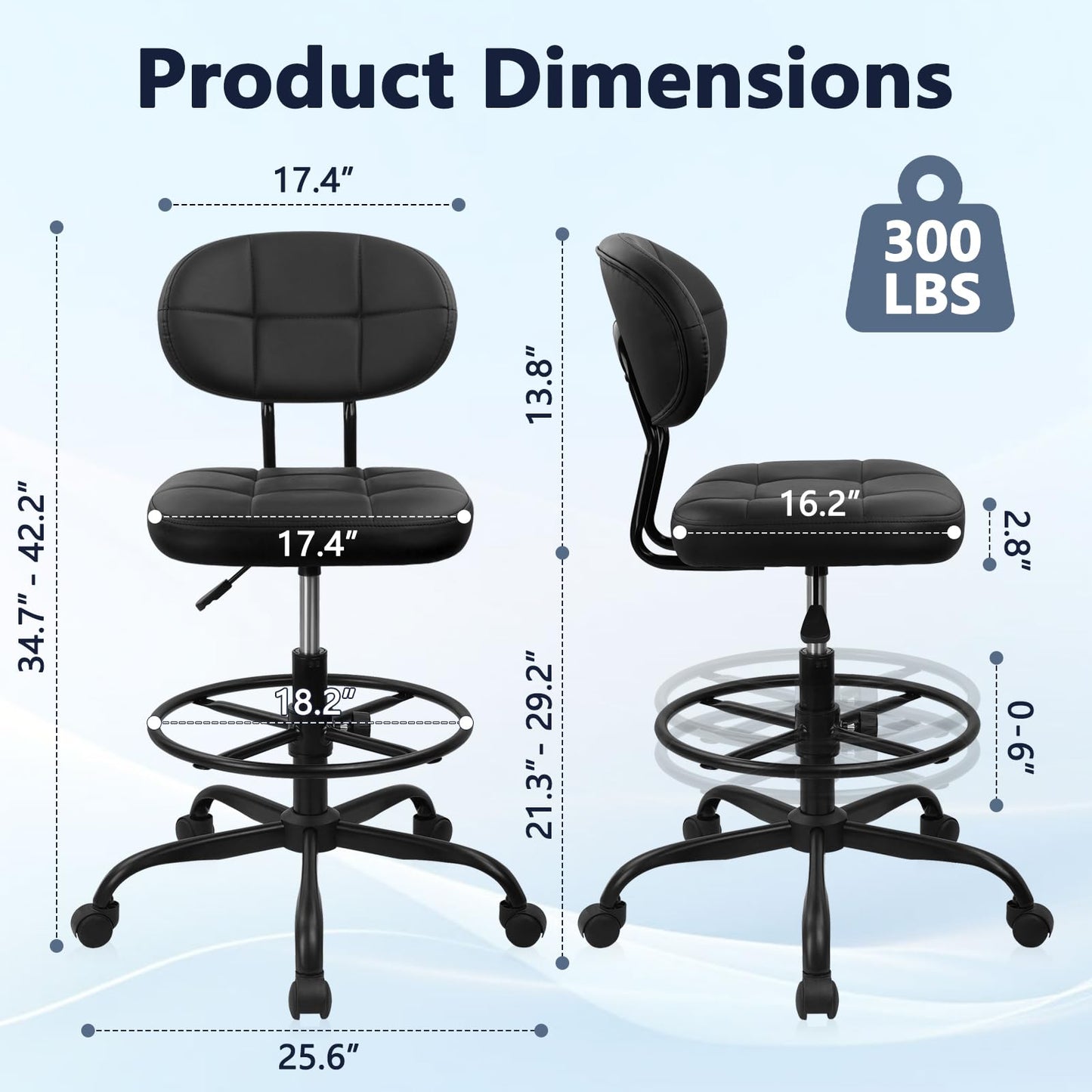 KLASIKA Drafting Stool with Backrest, Tall Adjustable Height Office Chair, PU Leather Swivel Rolling Stool with Footrest & Wheels for Standing Desk, Bar, Salon, Spa, Lab, Counter, Home, Black，1PK