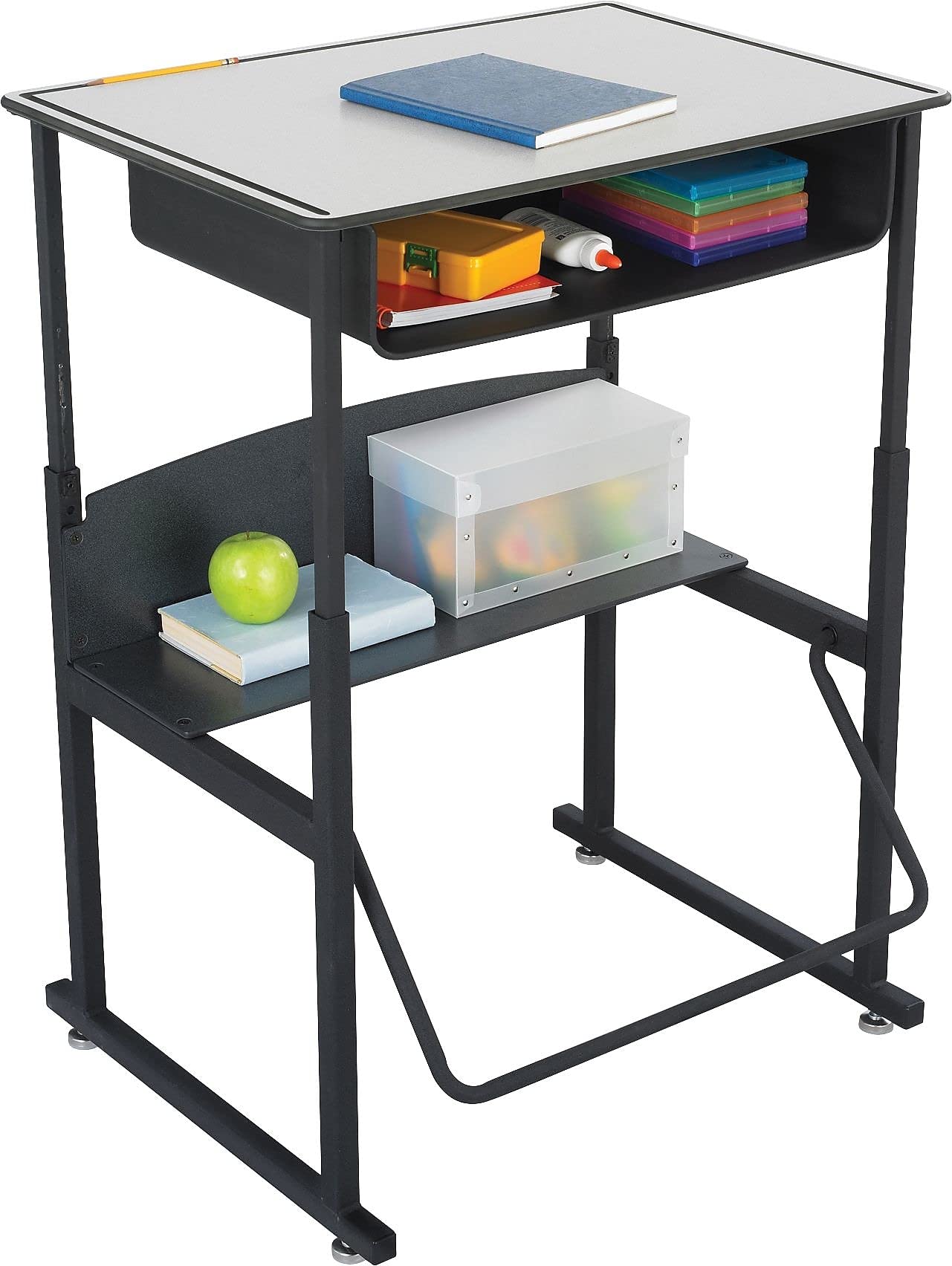 Safco Products 1204GR Alphabetter Adjustable-Height Desk Premium Desktop, Book Box, Swinging Footrest Bar, 28" x 20", Gray