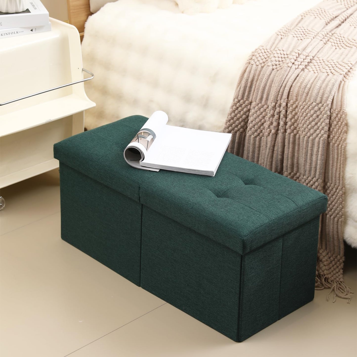 CUYOCA Storage Ottoman Bench Foldable Seat Footrest Shoe Bench End of Bed Storage with Flipping Lid, 75L Storage Space, 30 inches Linen Fabric Emerald, OT026DGN
